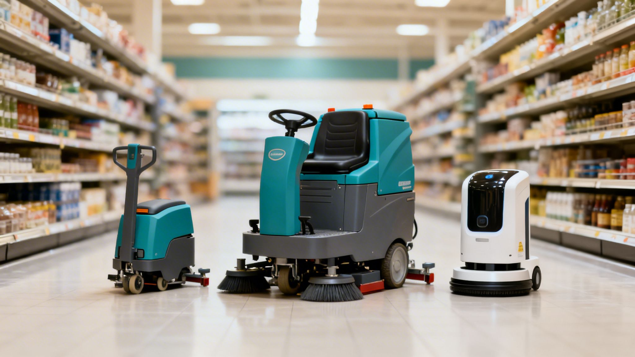 Tre professionelle gulvrengøringsmaskiner, herunder en robot, står i en supermarkedsgang med hylder.