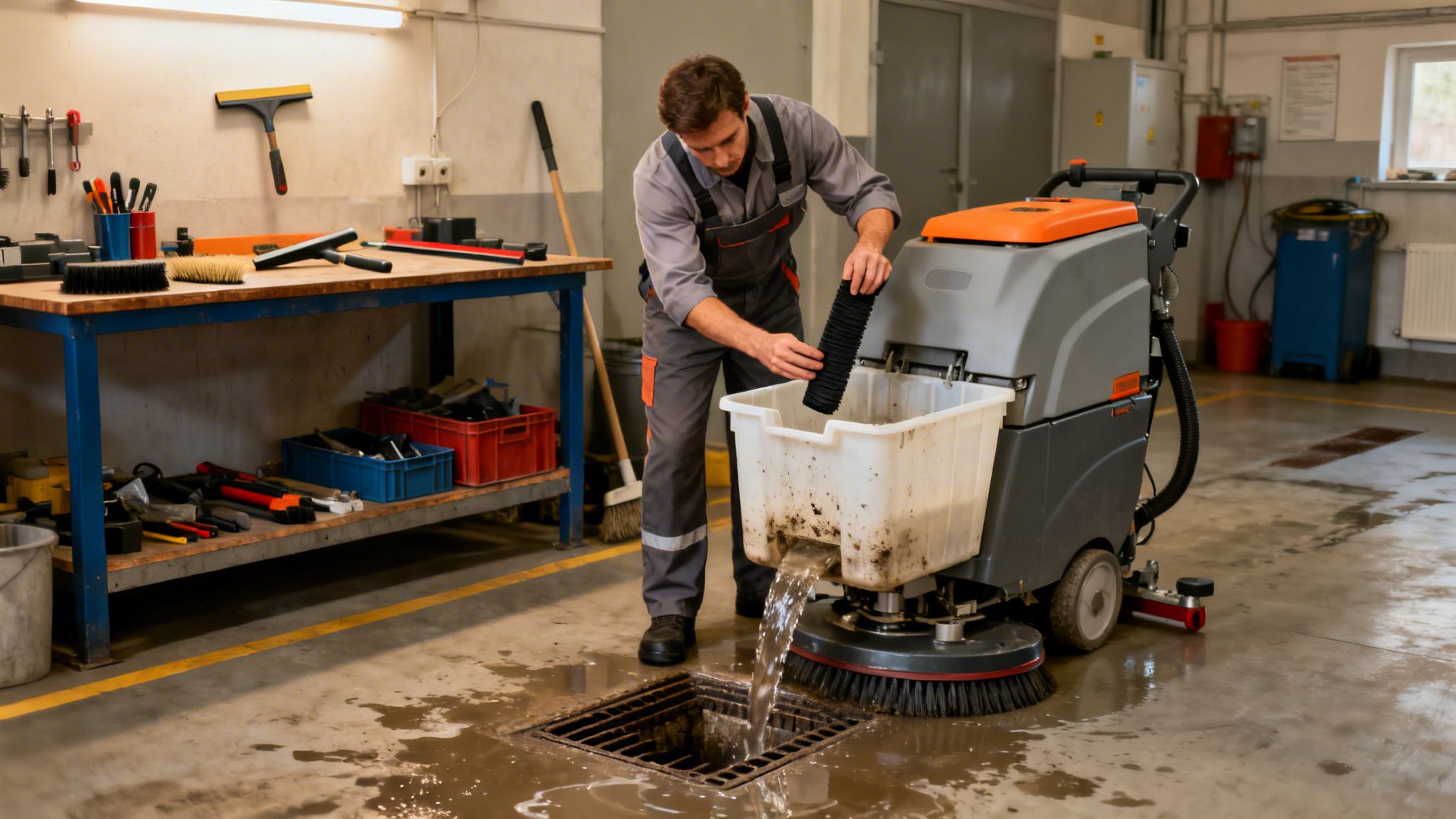 En mand tømmer snavset vand fra en professionel gulvvaskemaskine ned i et afløb i et værksted.