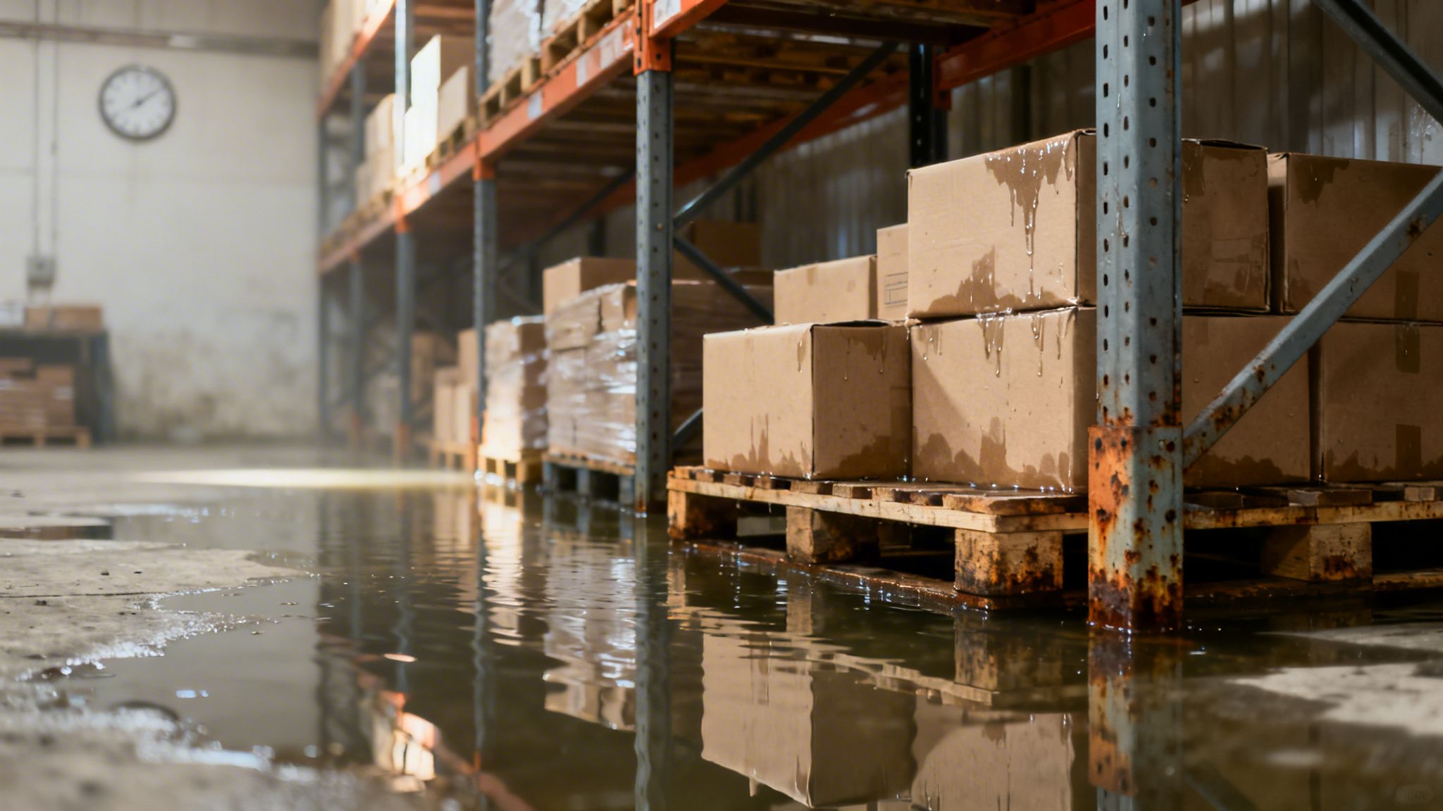 Et oversvømmet lager med våde papkasser på paller, der står i vand. Rustne reoler og en vægur ses i baggrunden.