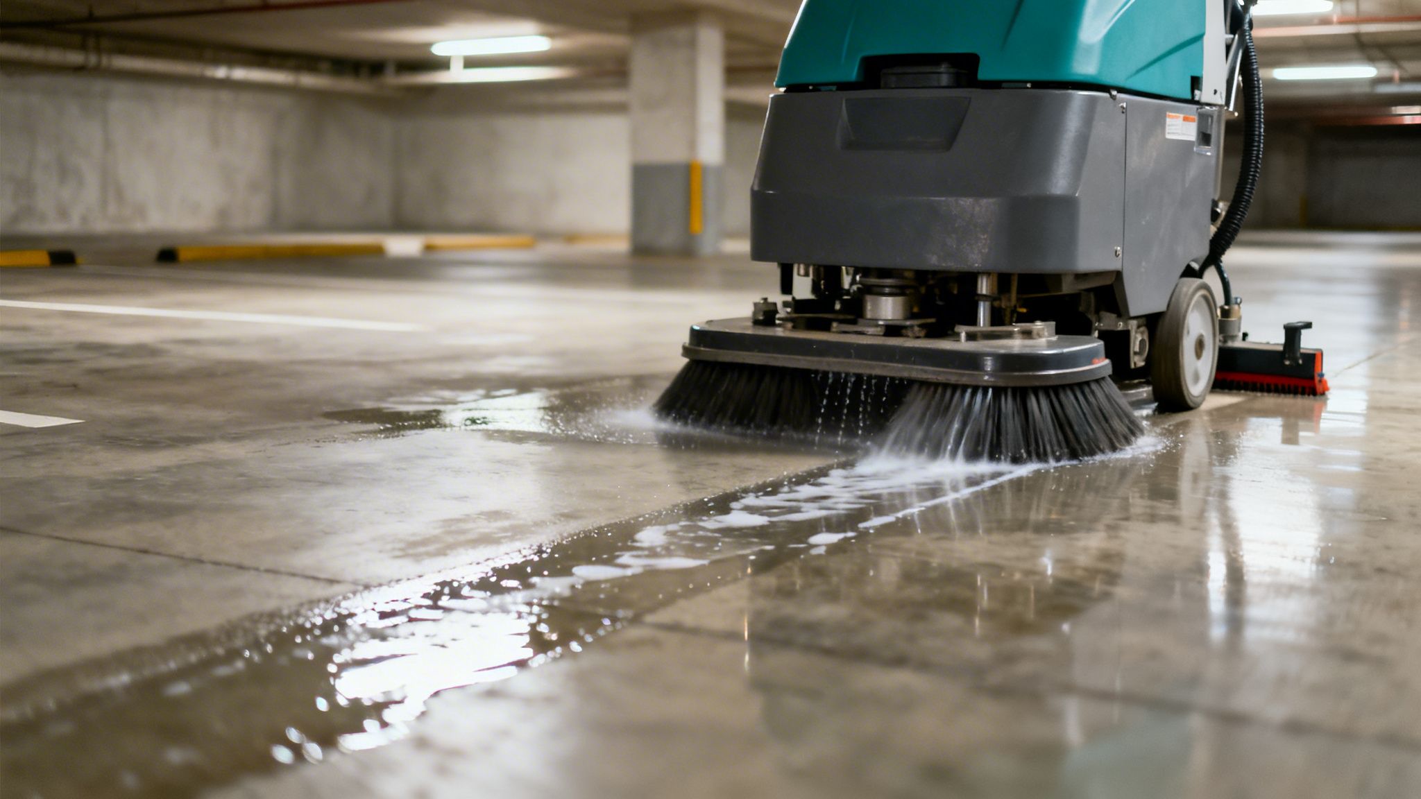 En professionel gulvvaskemaskine renser et betongulv i et parkeringshus med vand og sæbe.