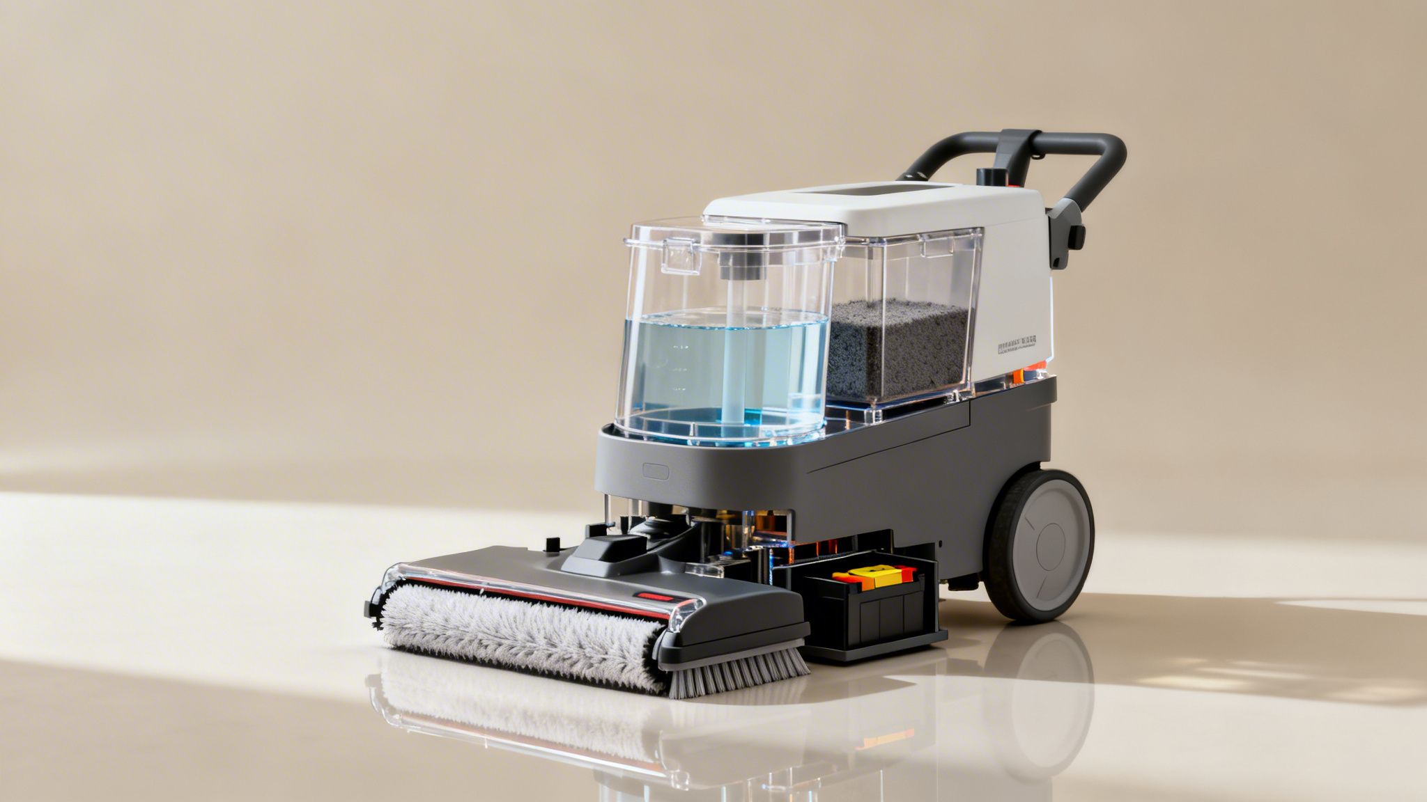En moderne professionel gulvvaskemaskine med gennemsigtige beholdere til rent vand og snavset vand samt en roterende børste.