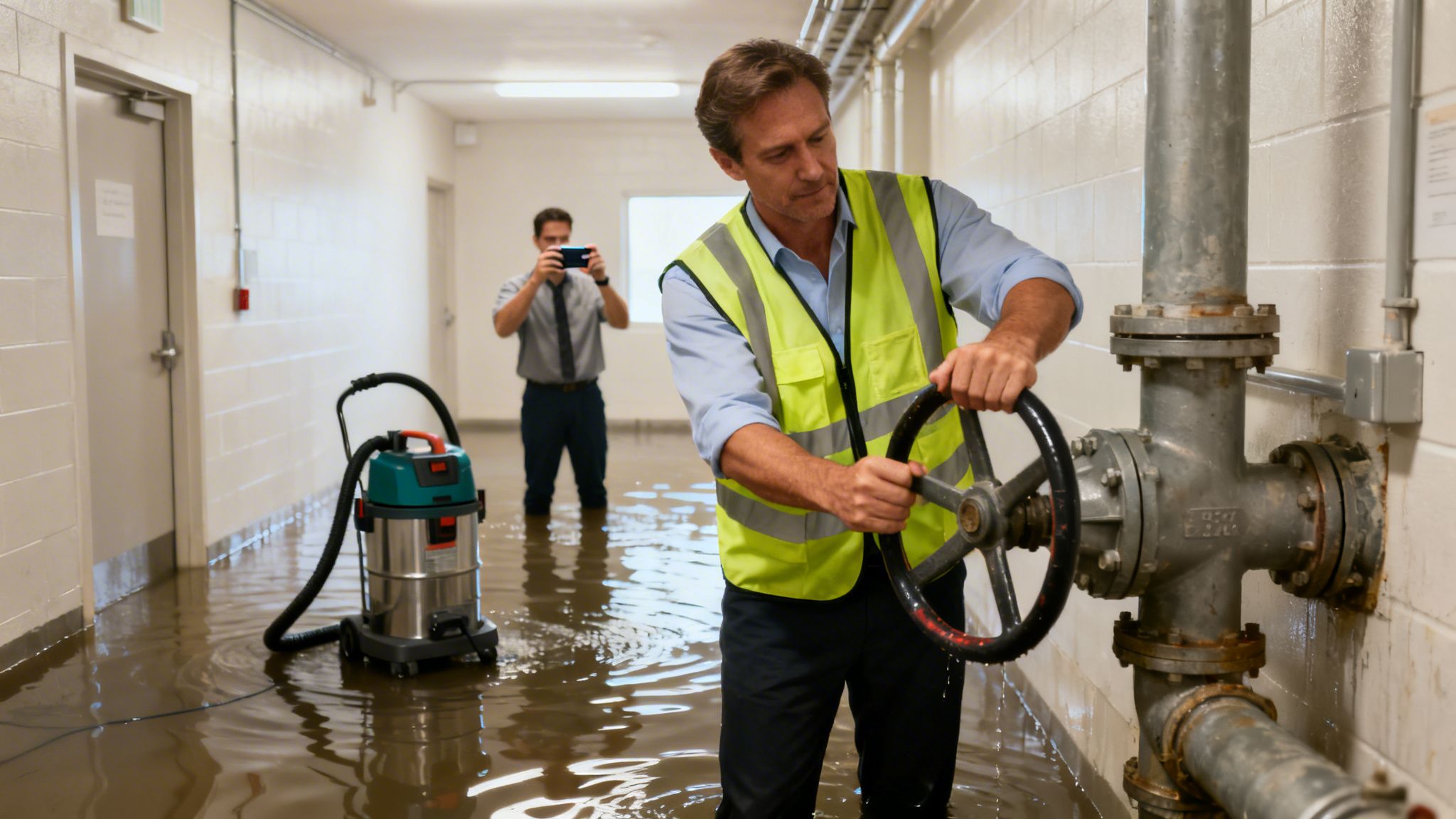 Mand i refleksvest drejer ventil i oversvømmet gang. En anden mand fotograferer situationen. En vådstøvsuger er også i vandet.
