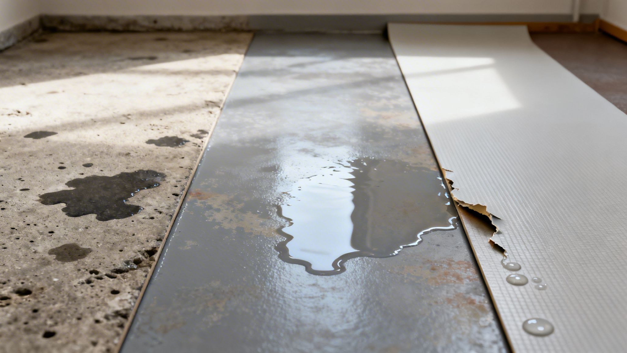 Vandskade på gulv med afskallende overflade og store vandpytter, der viser skadens omfang.