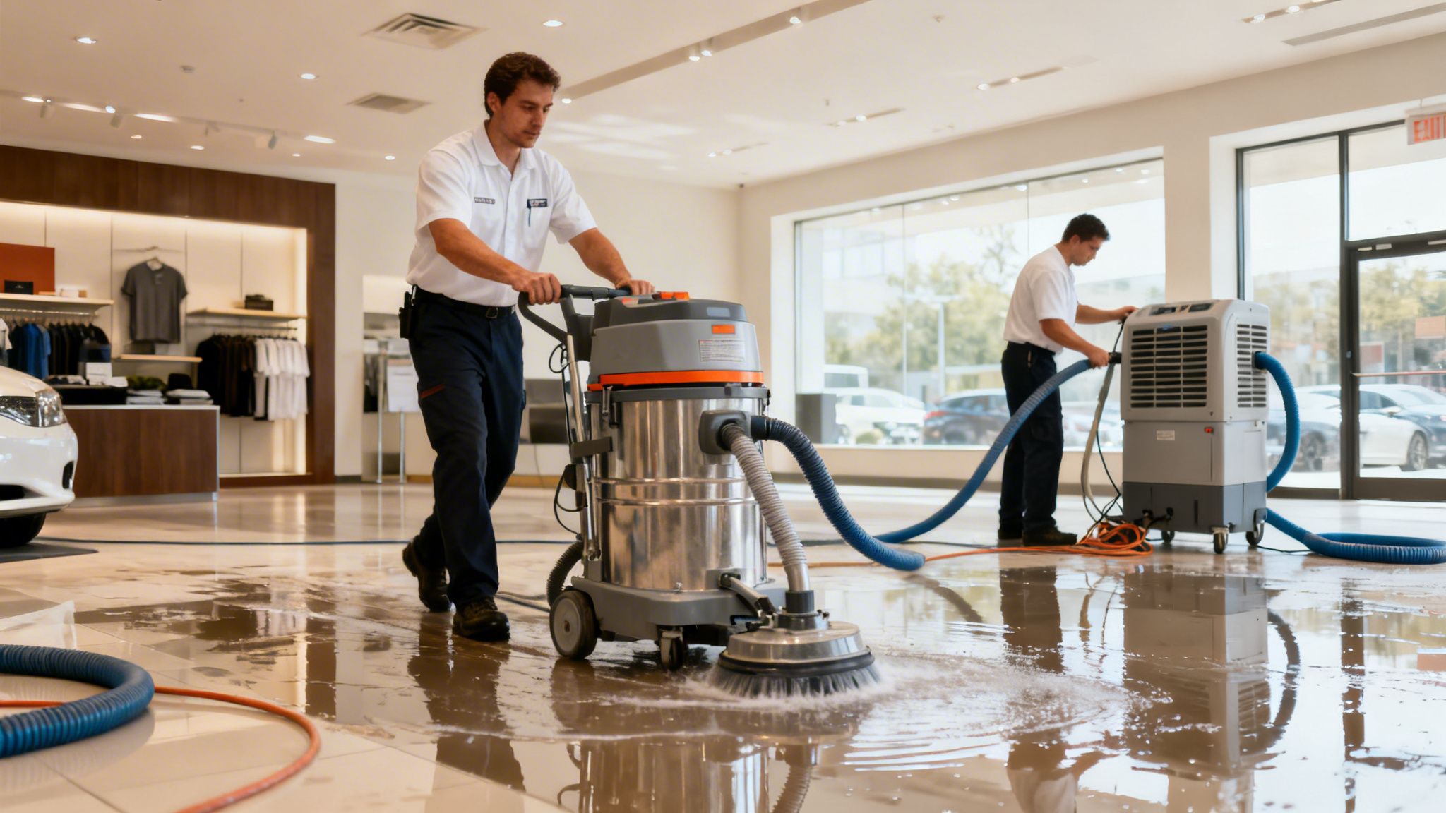 To mænd rydder op efter vandskade på et showroomgulv med professionelt udstyr til hurtig reaktion.