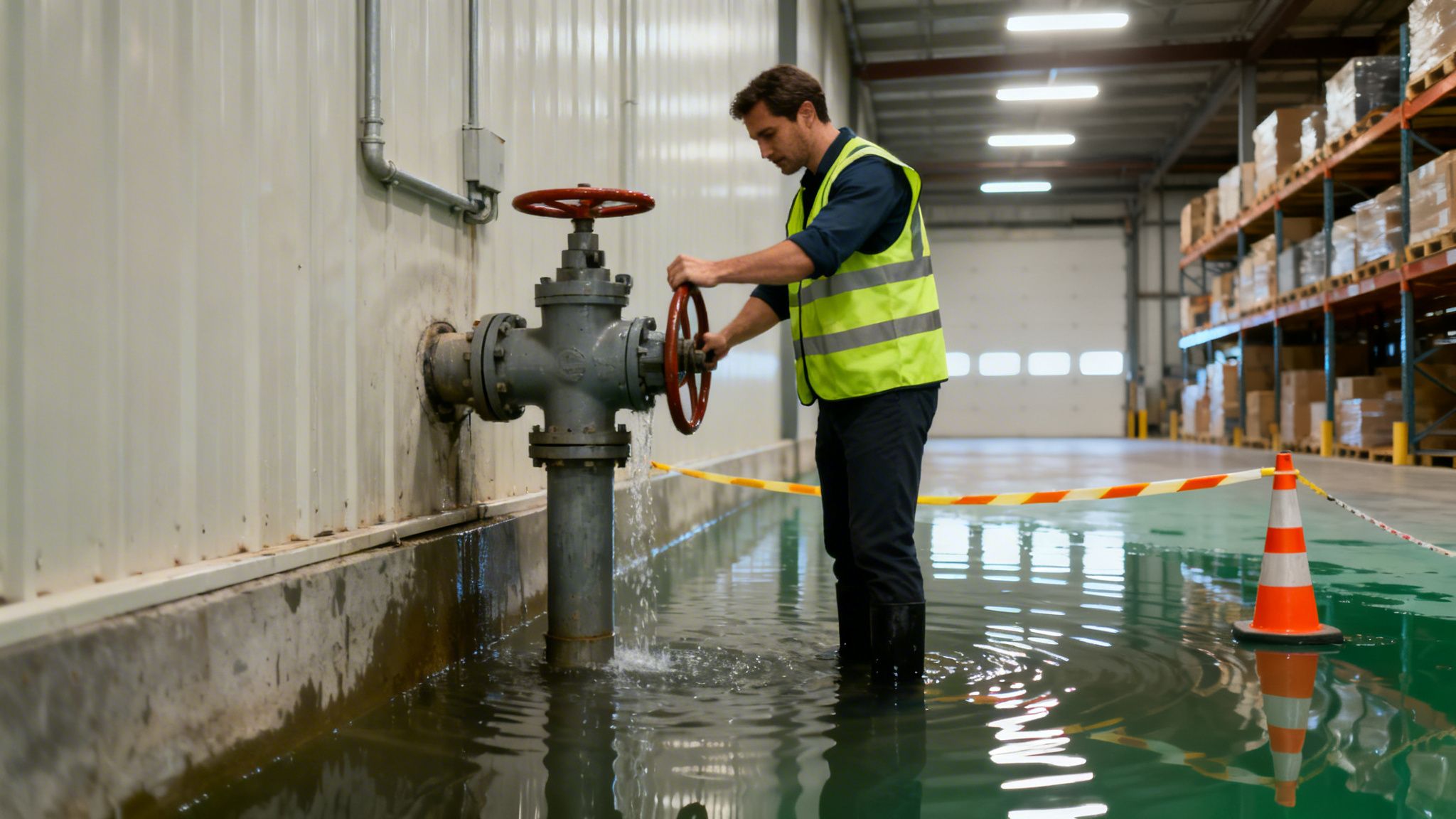 En mand i gul vest lukker en utæt vandventil i et oversvømmet lager, hvor vandet strømmer ud.