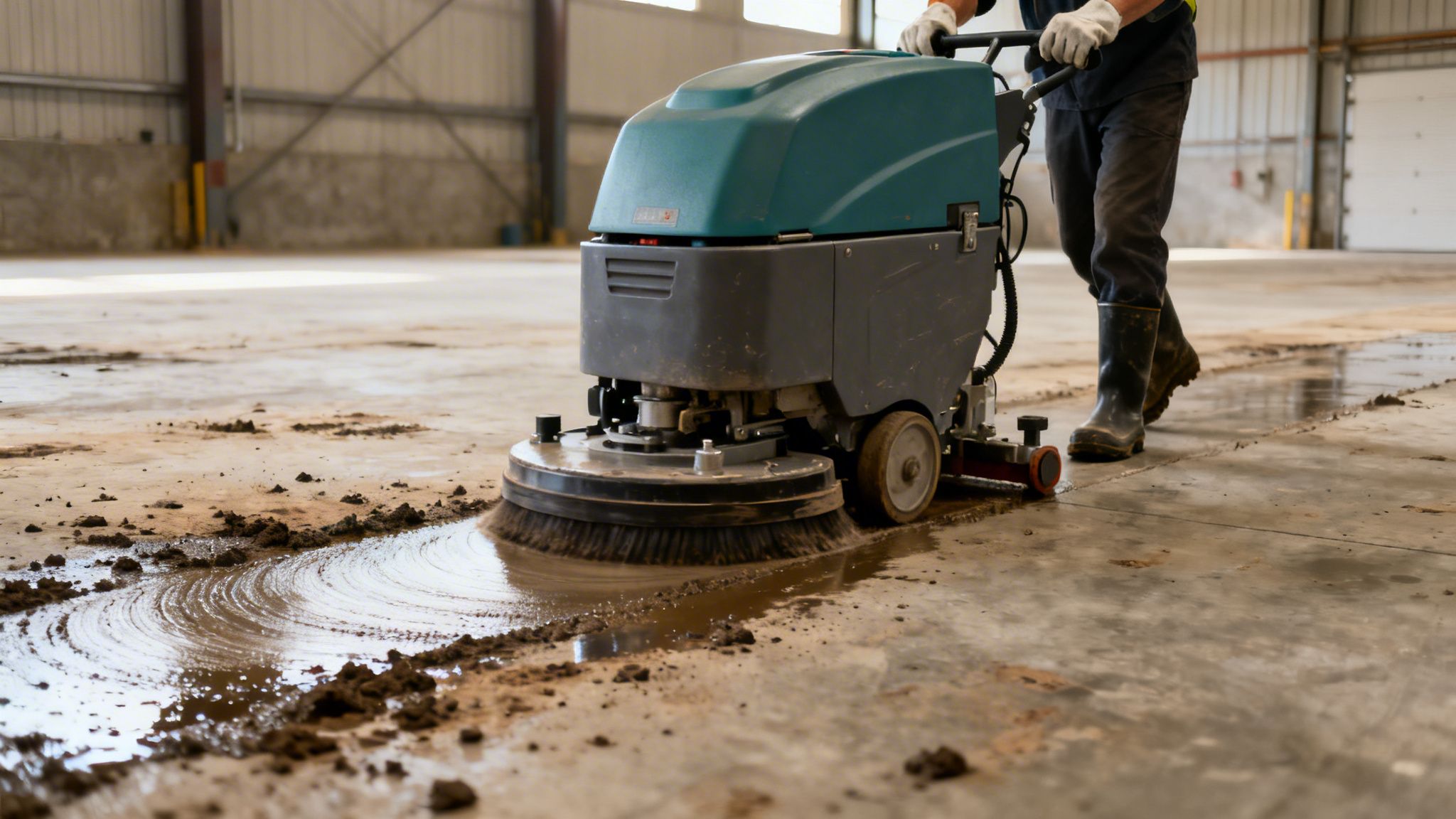 En person bruger en gulvvaskemaskine til at fjerne mudder og vand fra et industrielt gulv.
