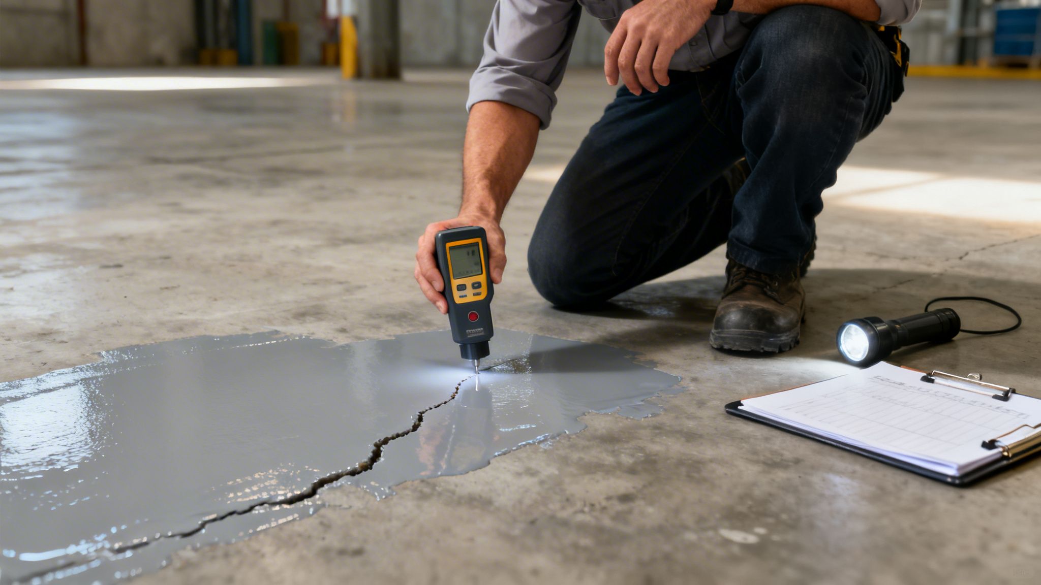 En person måler en revne i et lagergulv, der repareres med grå væske, med et håndholdt apparat.
