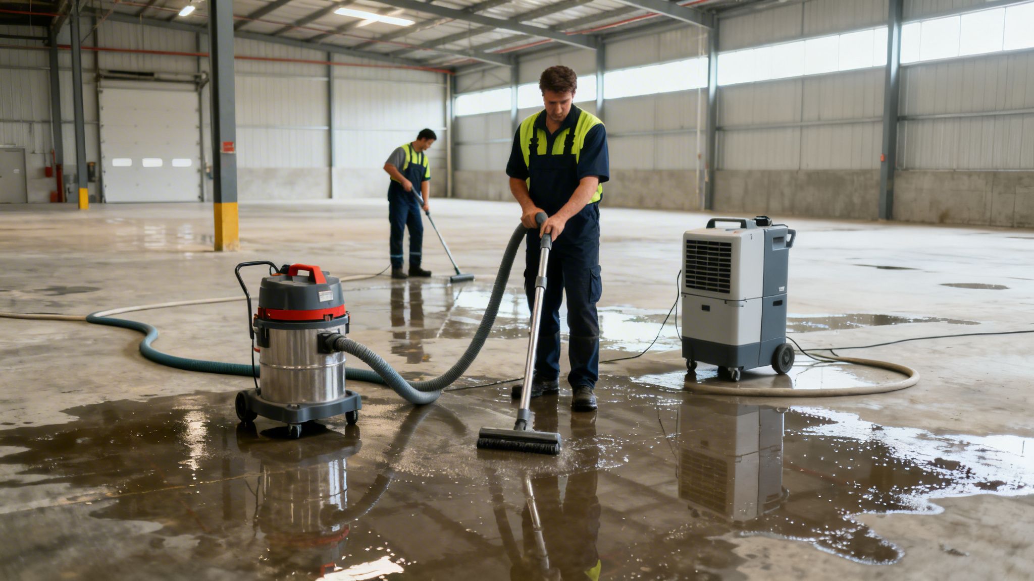 To medarbejdere rengør et lagergulv for vandskade med en industristøvsuger og en gulvskraber.