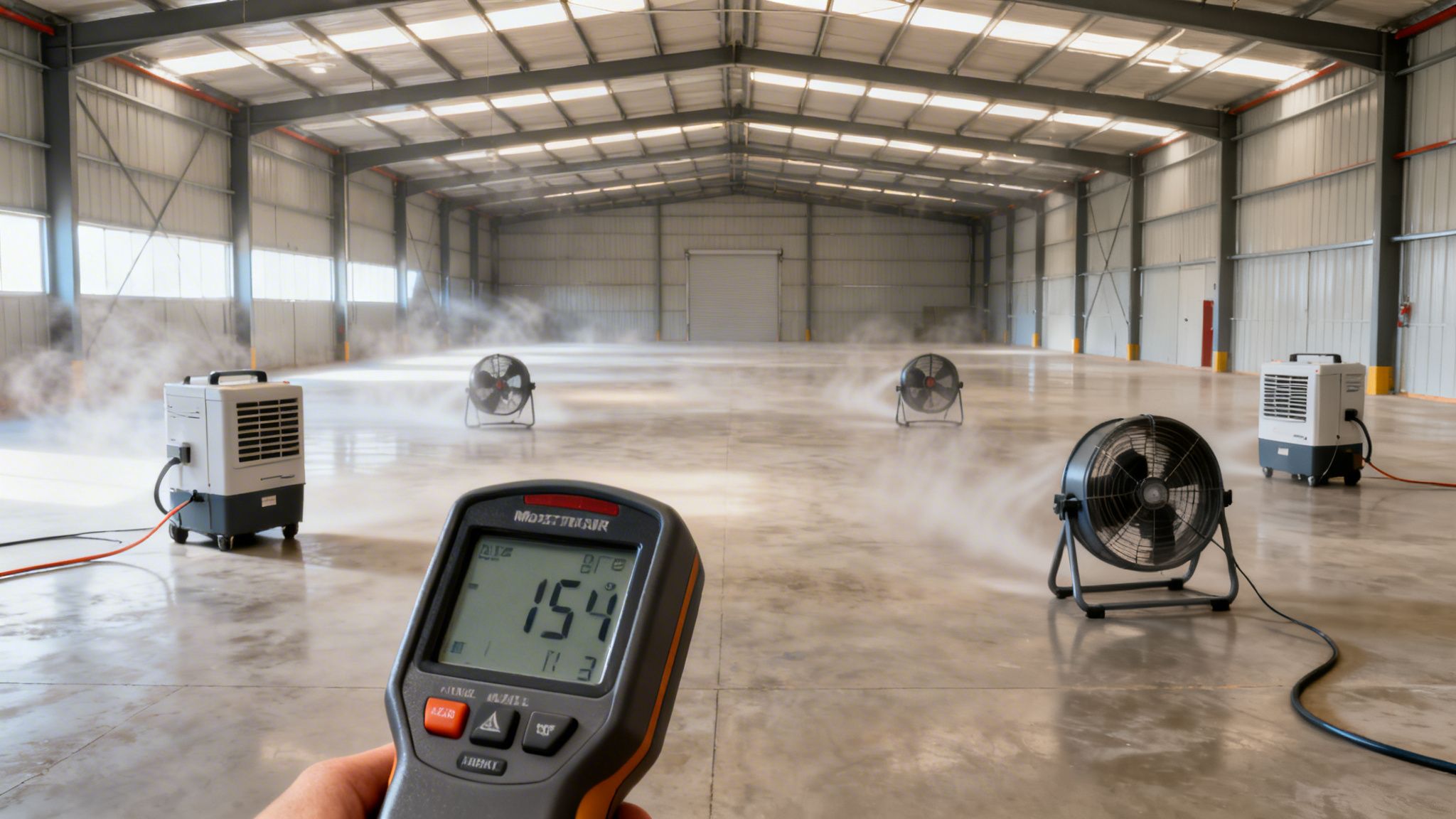 Industrielle dampmaskiner og ventilatorer renser et lagergulv for snavs efter oversvømmelse.