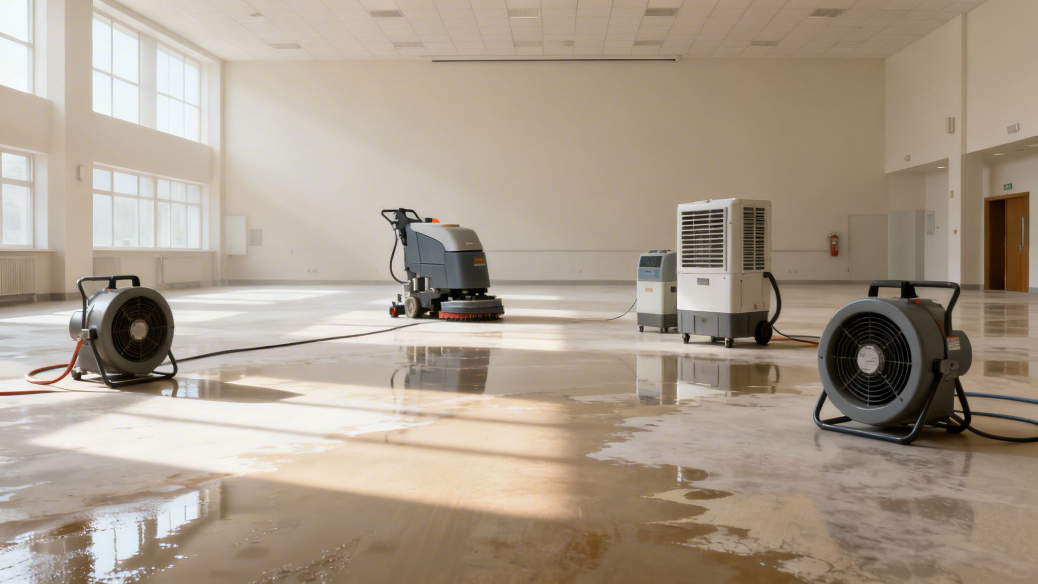 Stort rum med vådt gulv, rengøringsmaskine, blæsere og affugtere til hurtig tørring.