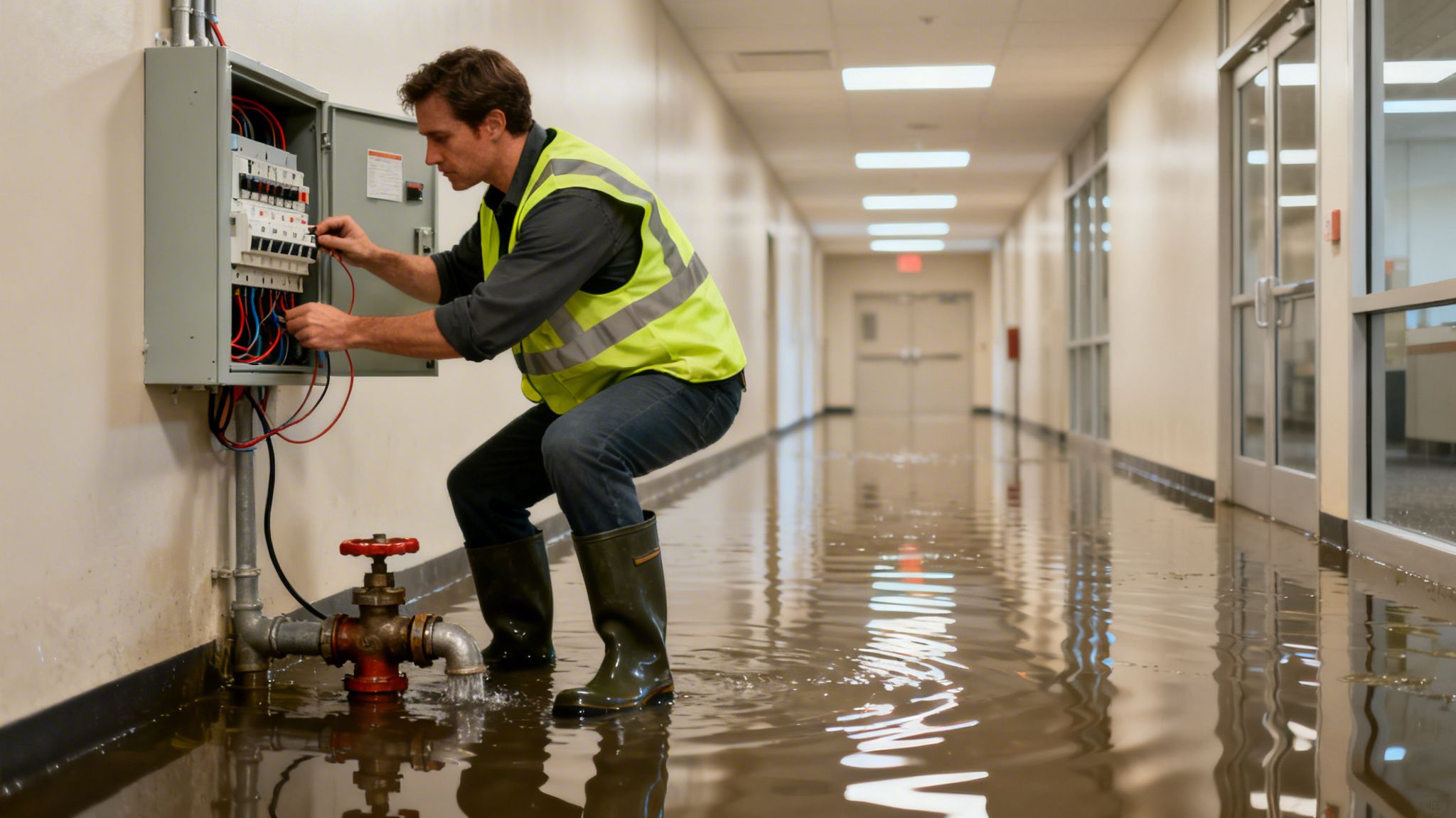 Mand i refleksvest reparerer eltavle i oversvømmet gang med lækkende vand fra rør.