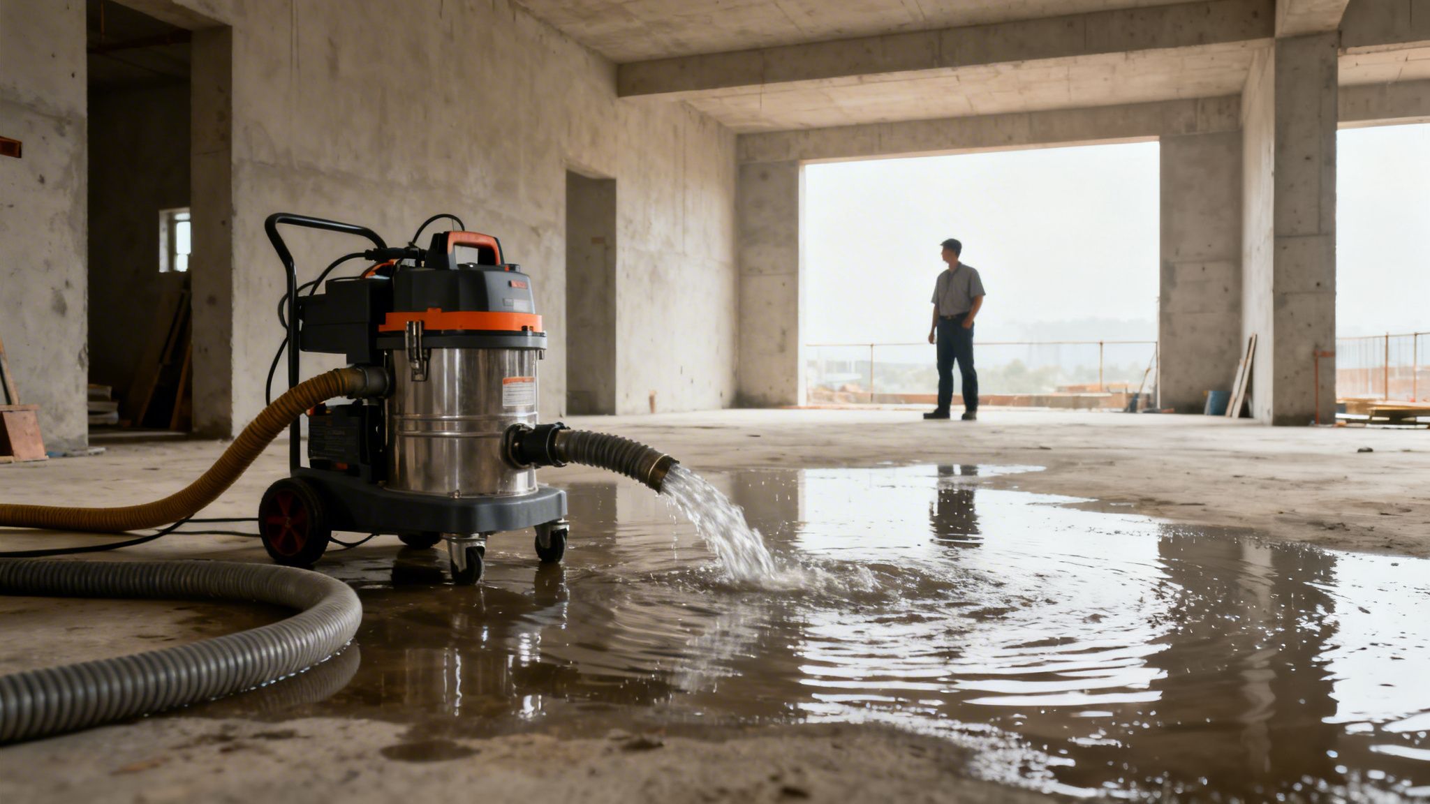 En vådstøvsuger pumper vand ud på et betongulv i en ufærdig bygning, med en mand i baggrunden.