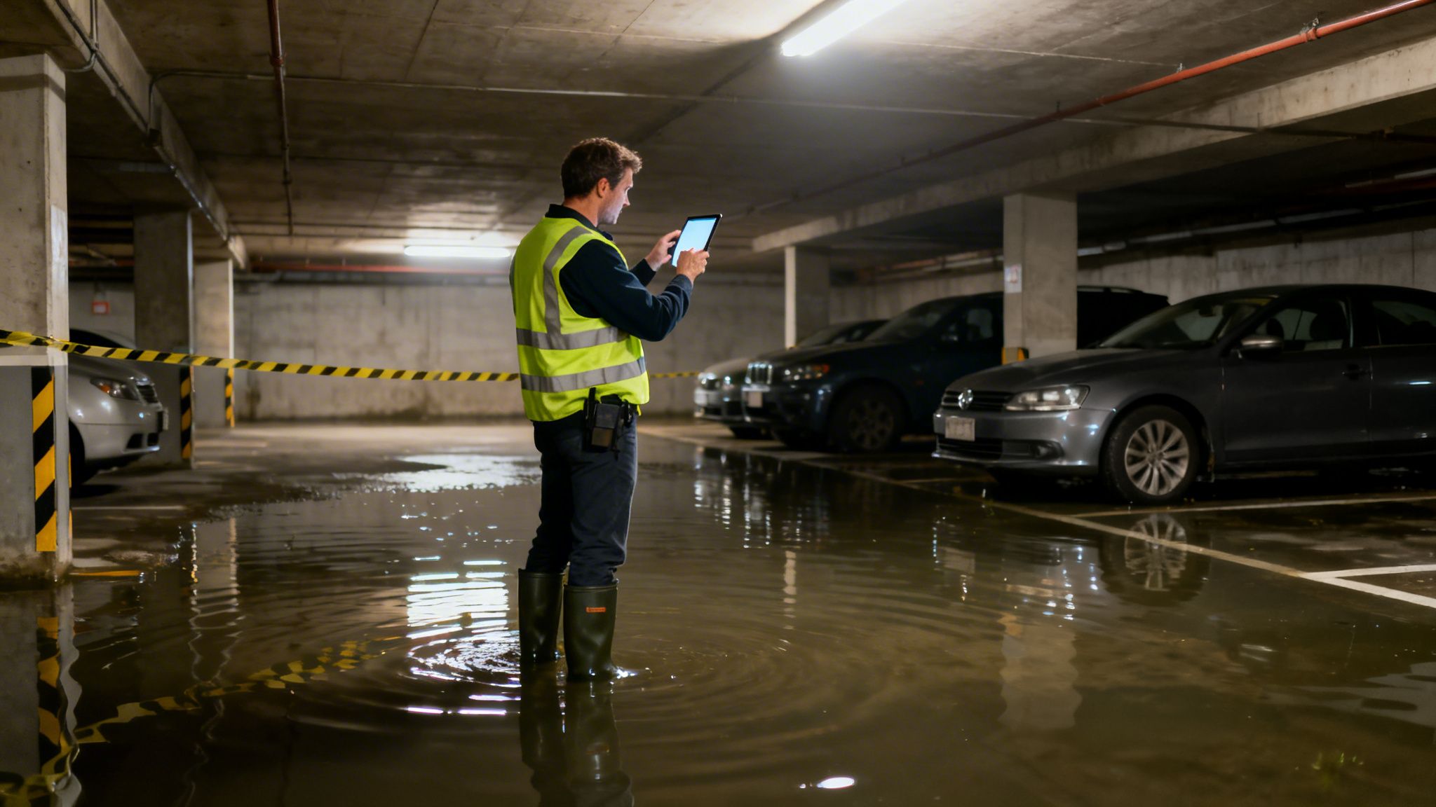 En mand i sikkerhedsvest og gummistøvler står i en oversvømmet parkeringskælder og bruger en tablet til at vurdere skaderne.