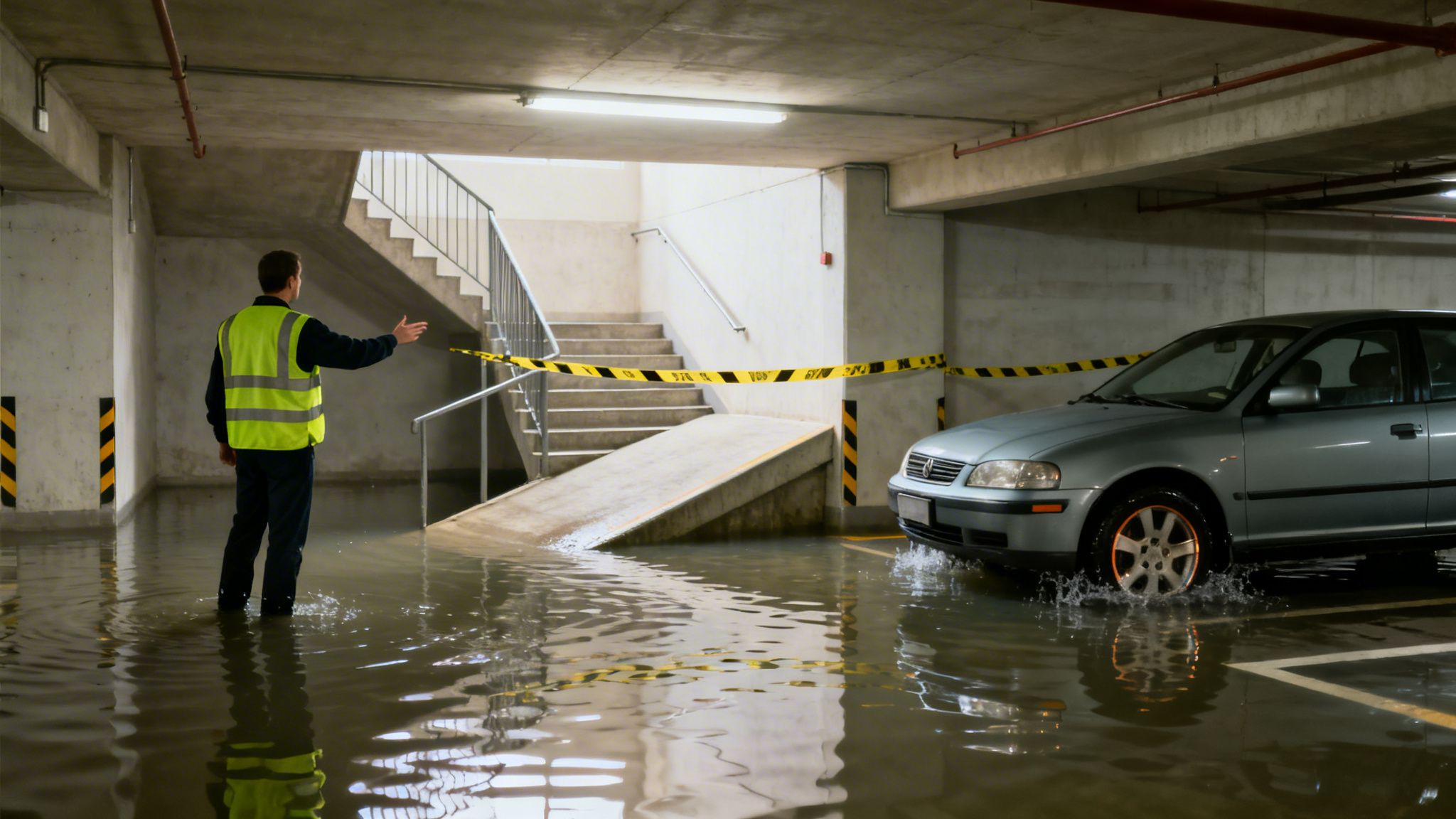 En mand i refleksvest står i et oversvømmet parkeringshus med en bil i vandet og afspærringstape.