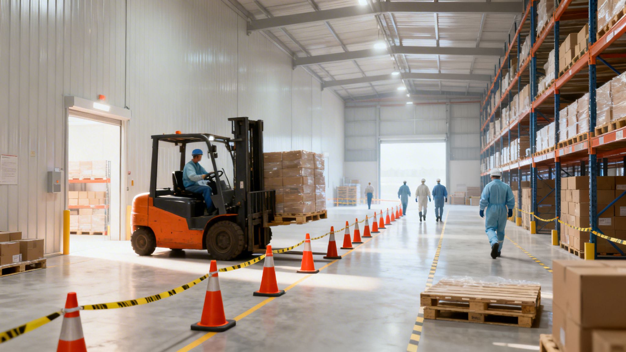 Lager med gaffeltruck, der flytter kasser på paller, arbejdere i beskyttelsesdragt og sikkerhedskegler.