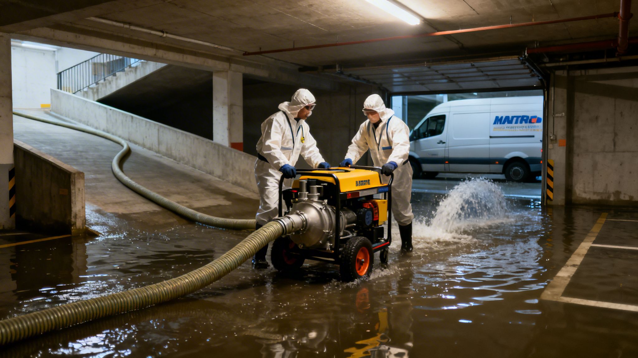 To personer i hvide beskyttelsesdragter pumper vand ud af en oversvømmet parkeringskælder.