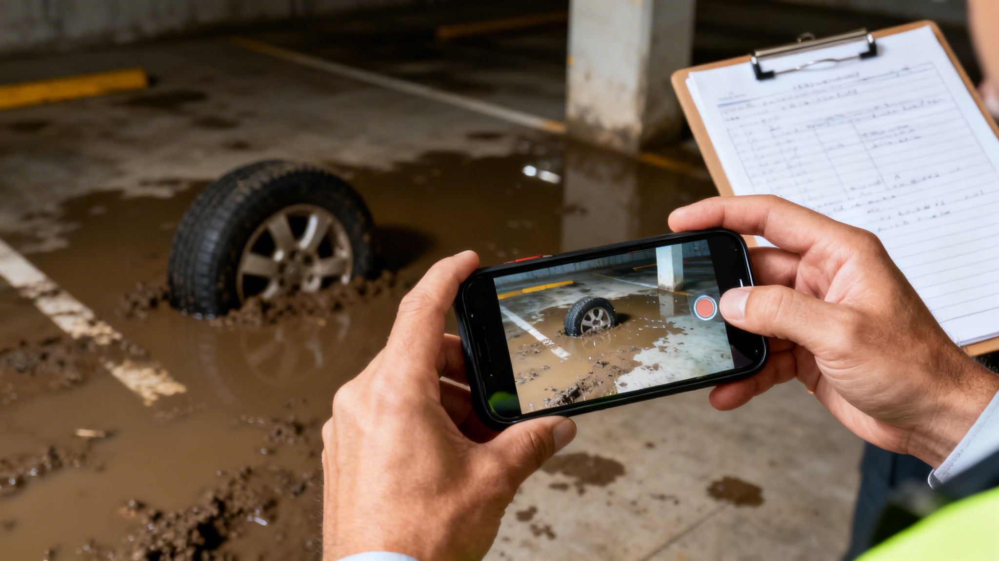 En person filmer et bildæk fanget i mudder i en oversvømmet parkeringskælder, med en clipboard i baggrunden.