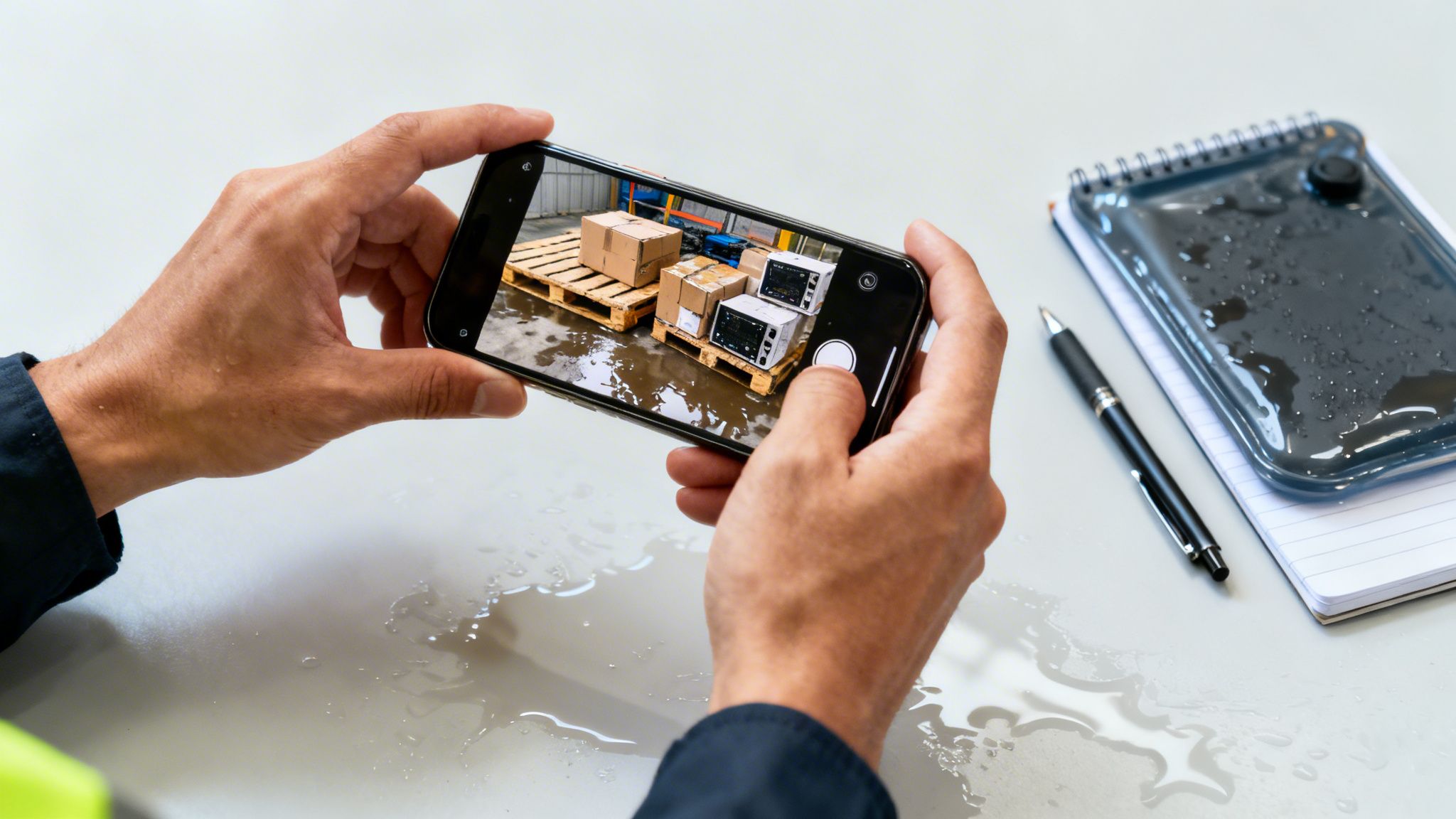 En person fotograferer vandskadede varer, herunder kasser og mikrobølgeovne, på paller i et lager.