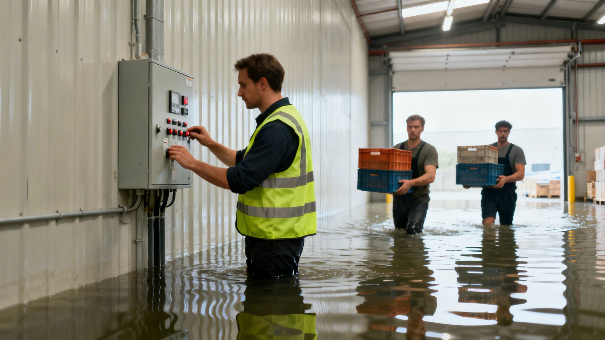 Tre mænd i et oversvømmet lager. En betjener et kontrolpanel, mens to andre bærer kasser gennem vandet.