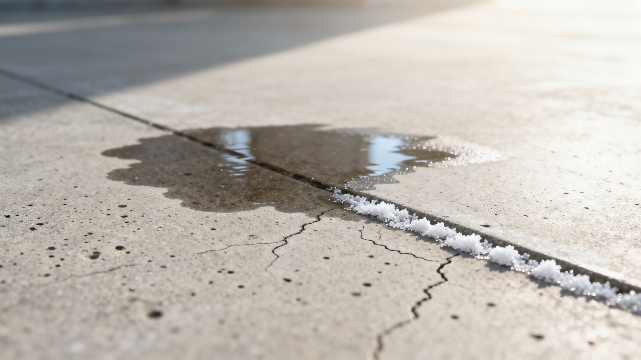 Vandpyt på et revnet betongulv med salt i en fuge, der viser slid og skade.