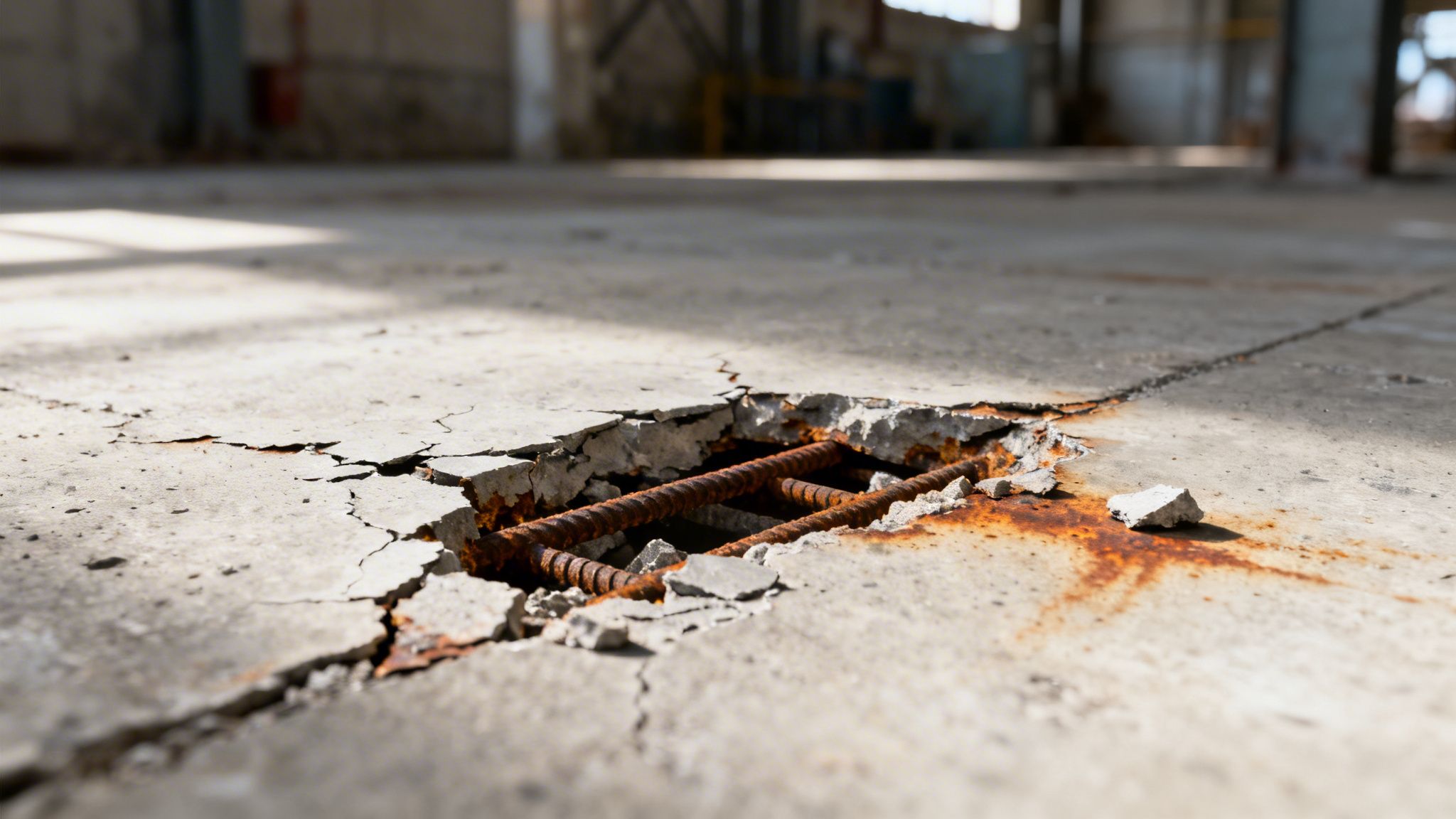 Et ødelagt betongulv med rustent armeringsjern udsat i et forladt rum.