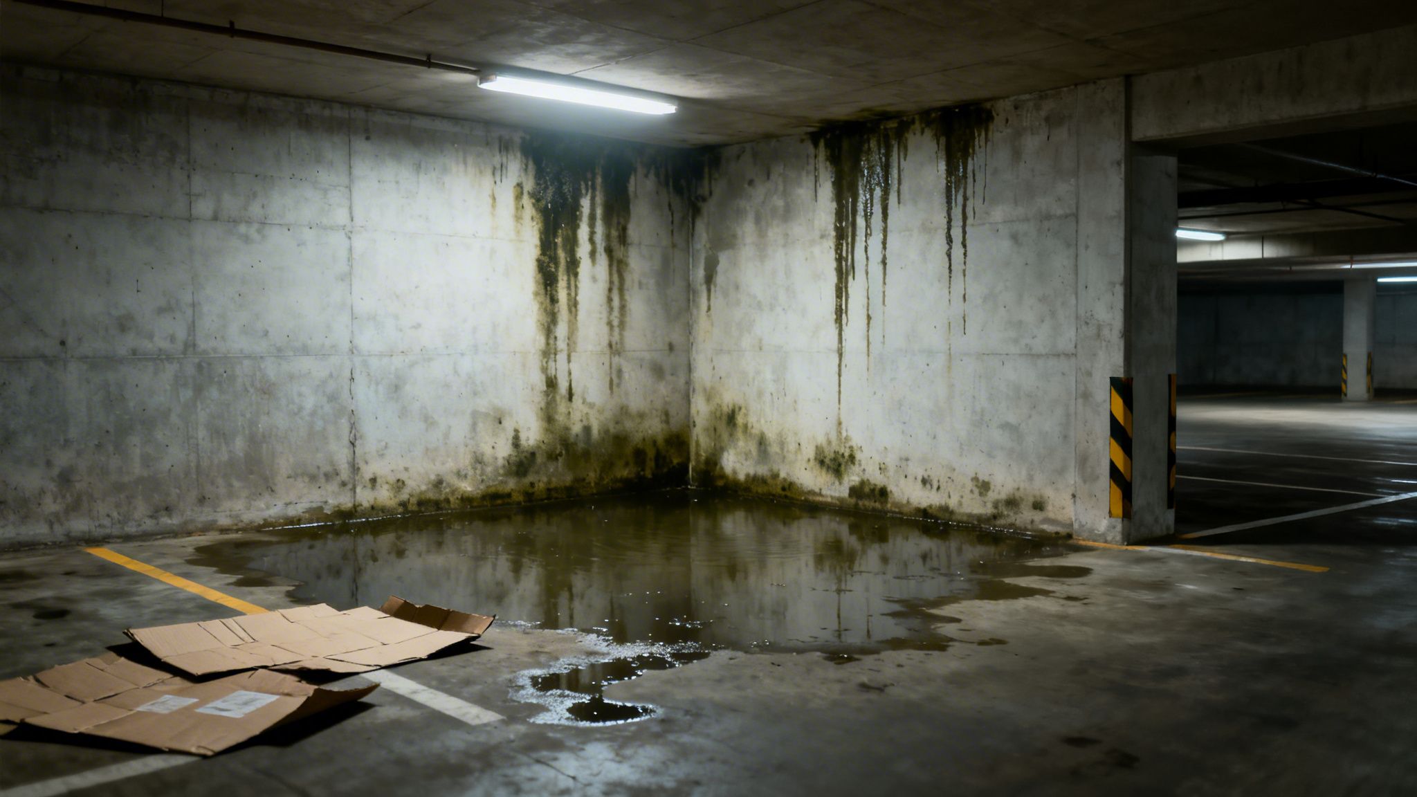 Vandskader og skimmelsvamp på vægge og gulv i et parkeringshus, med store vandpytter og fugt.