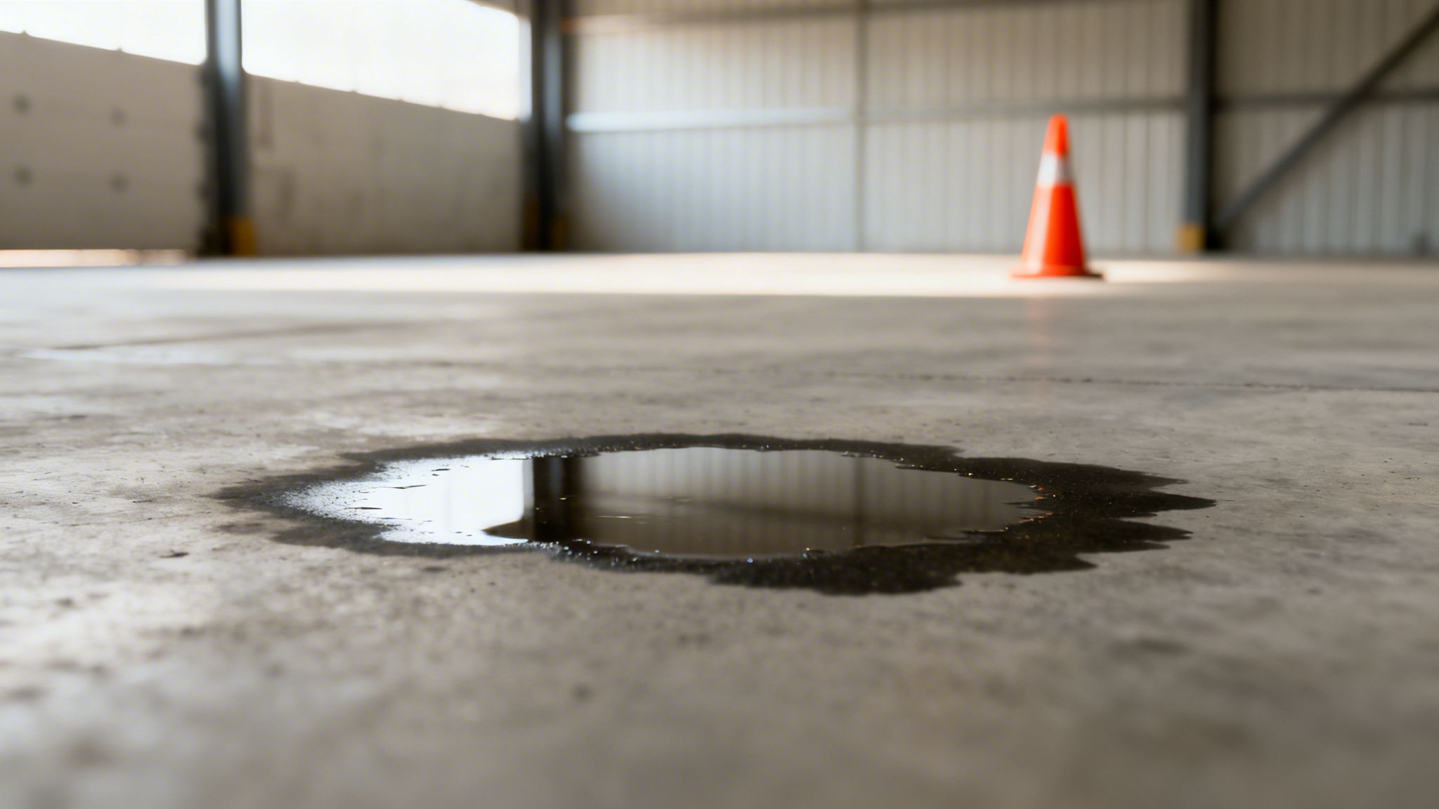 En vandpyt på et gråt betongulv i en stor, tom lagerhal med en orange kegle i baggrunden.