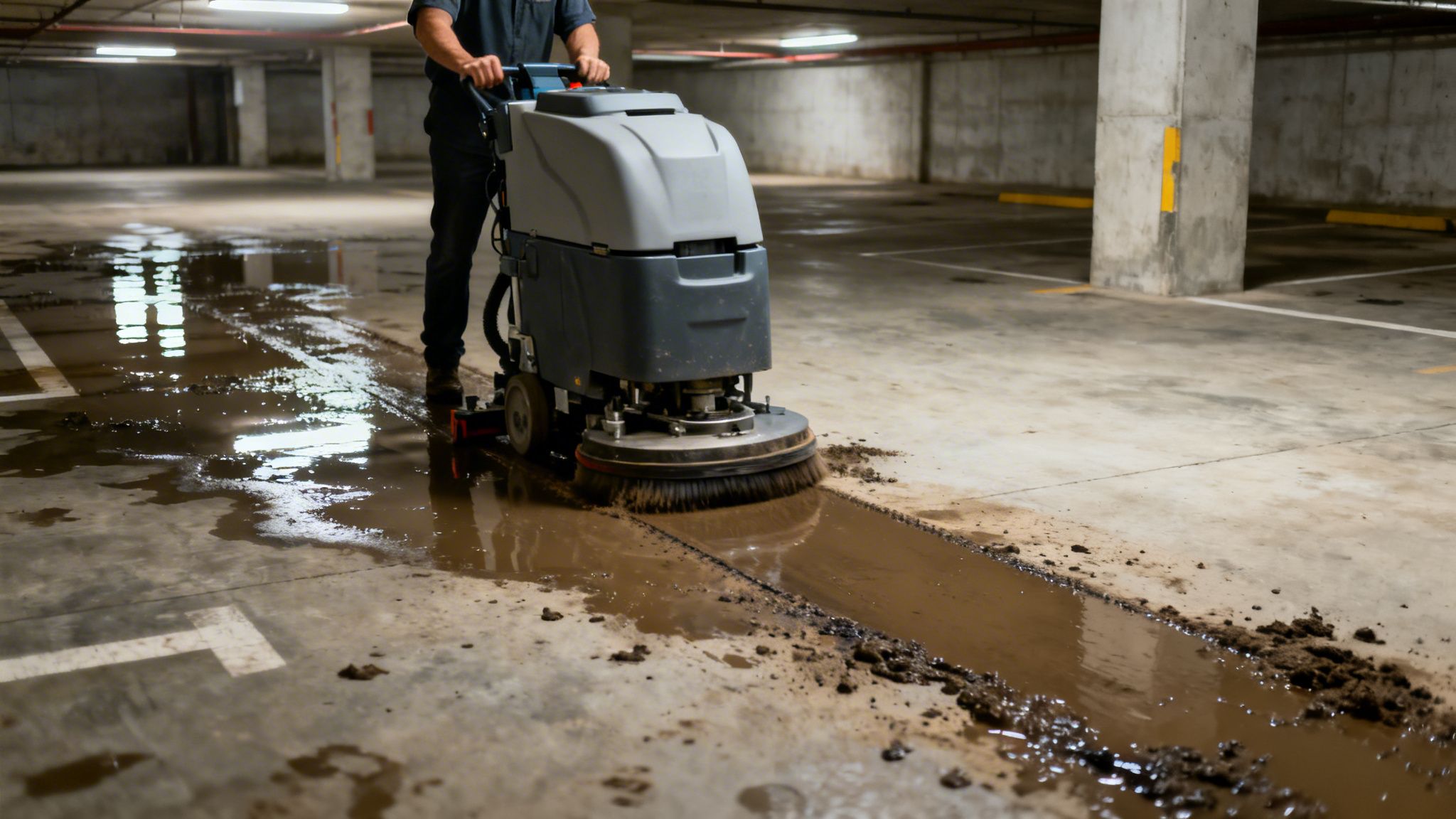 En medarbejder rengør en oversvømmet parkeringskælder med en gulvrenser, der skrubber mudder og vand væk.