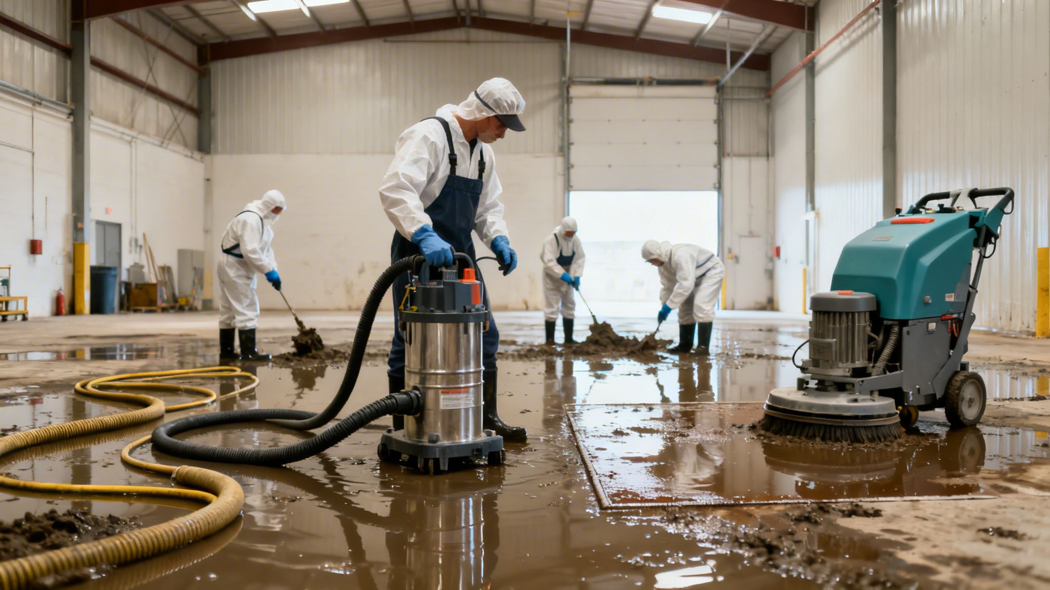 Arbejdere i beskyttelsesdragter rydder et oversvømmet lagergulv med vand og mudder, ved hjælp af maskiner og skovle.