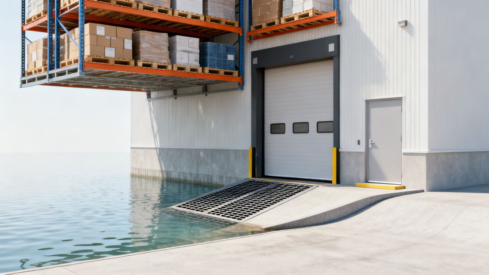 Lagerbygning med rampe og lastningsdok delvist oversvømmet af vand, med lagerreoler fyldt med kasser.