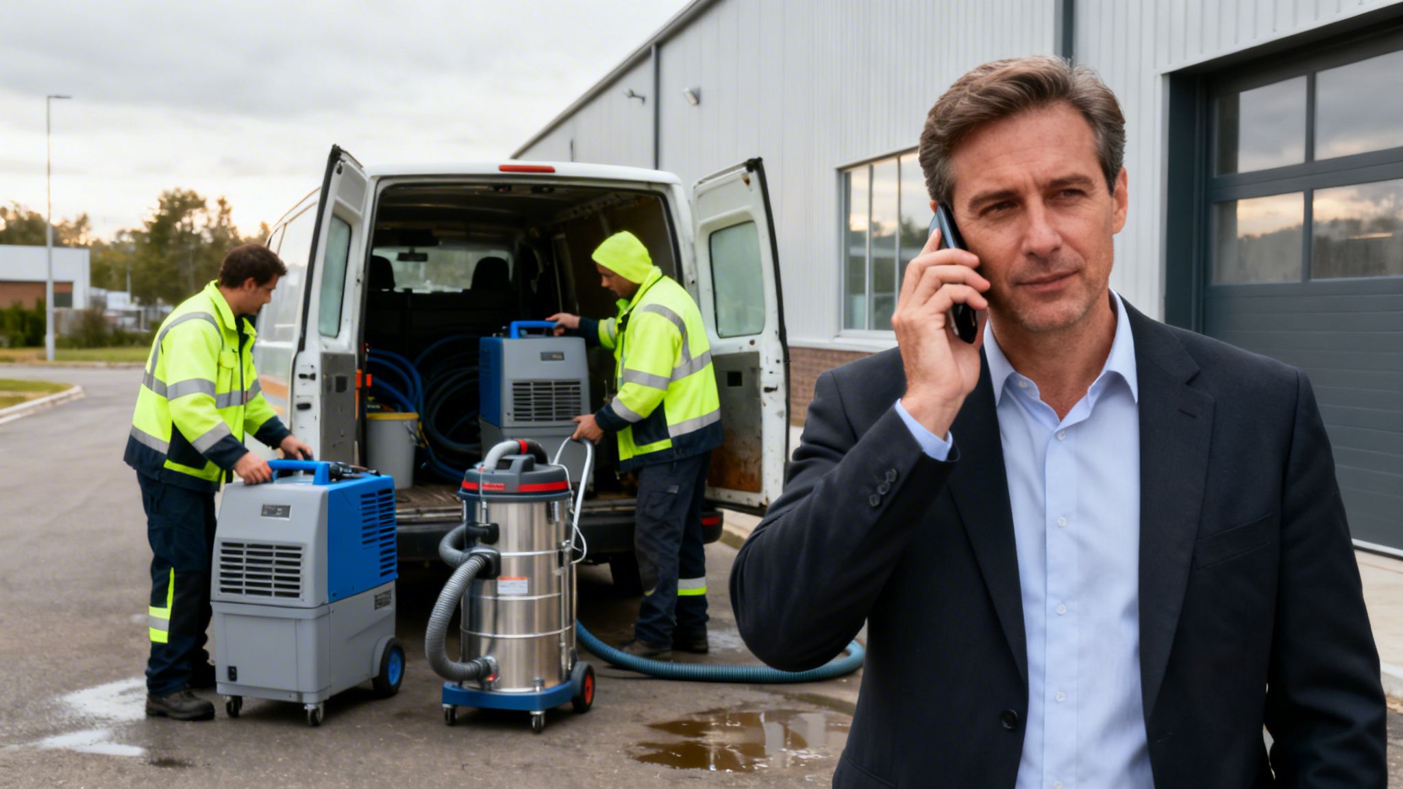 Mand i jakkesæt taler i telefon, mens to håndværkere læsser udstyr til vandskadeudbedring fra en varevogn.