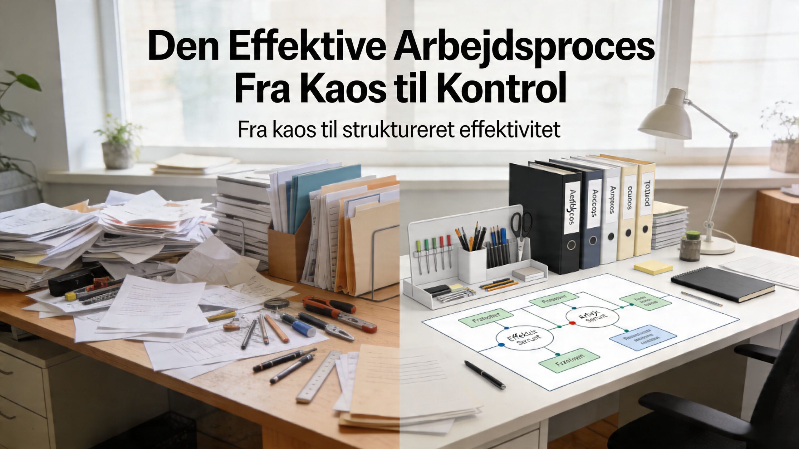 Et arbejdsbord der viser overgangen fra et rodet skrivebord med papirer til et organiseret og effektivt arbejdsmiljø.