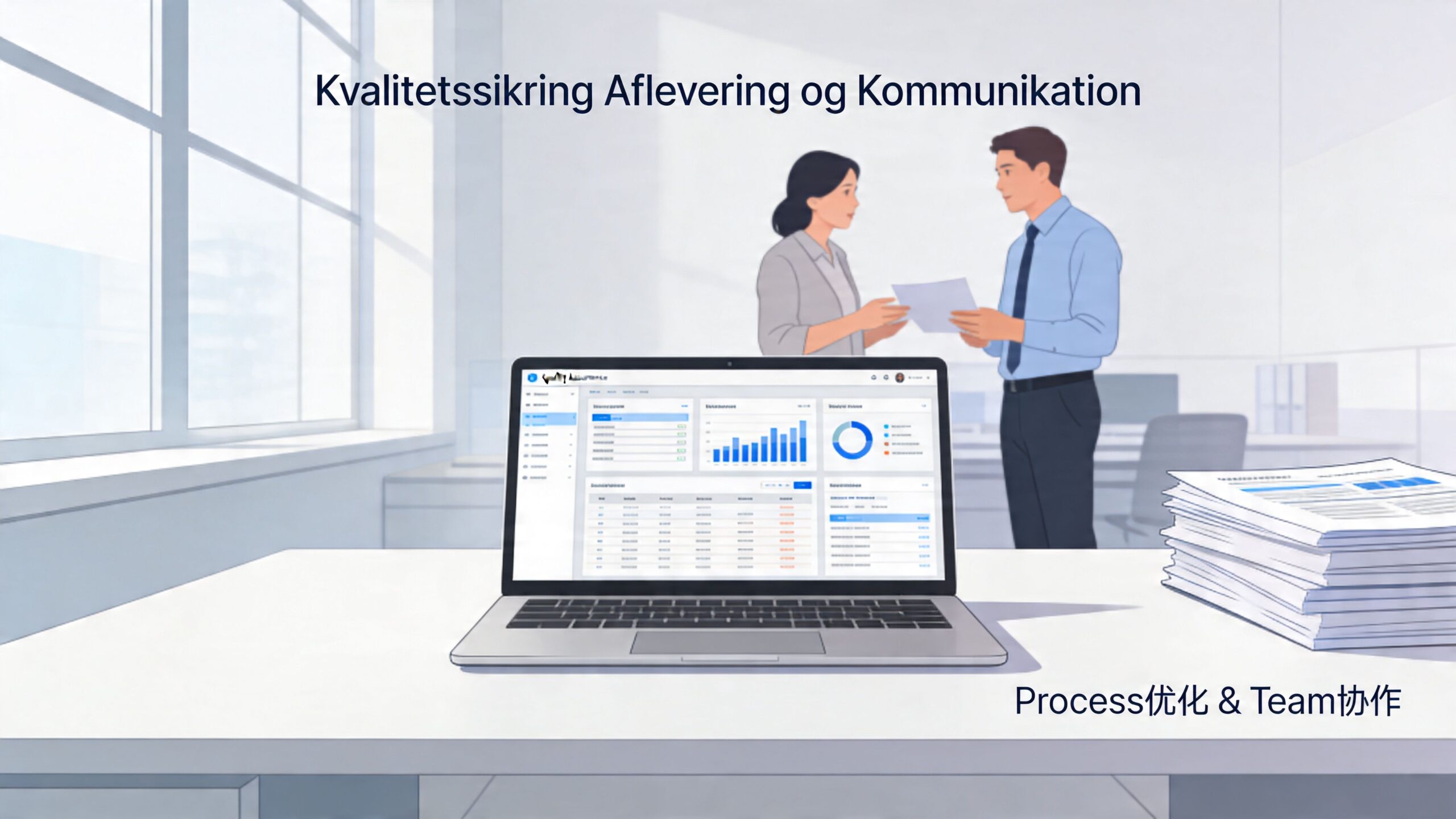 To professionelle medarbejdere diskuterer dokumenter på et kontor med en bærbar computer og papirbunker på skrivebordet.