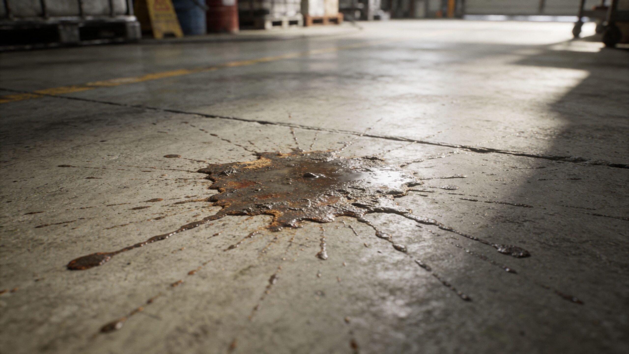 Et stort spild af olie eller mørk væske på det grå beton-gulv i et industrielt lagerlokale.