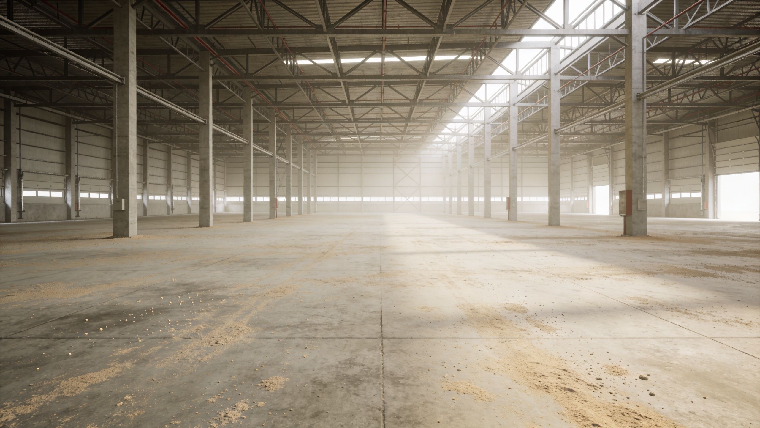 En stor, tom industrihal med betongulv og synlige stålkonstruktioner i et lyst og åbent lagerlokale.