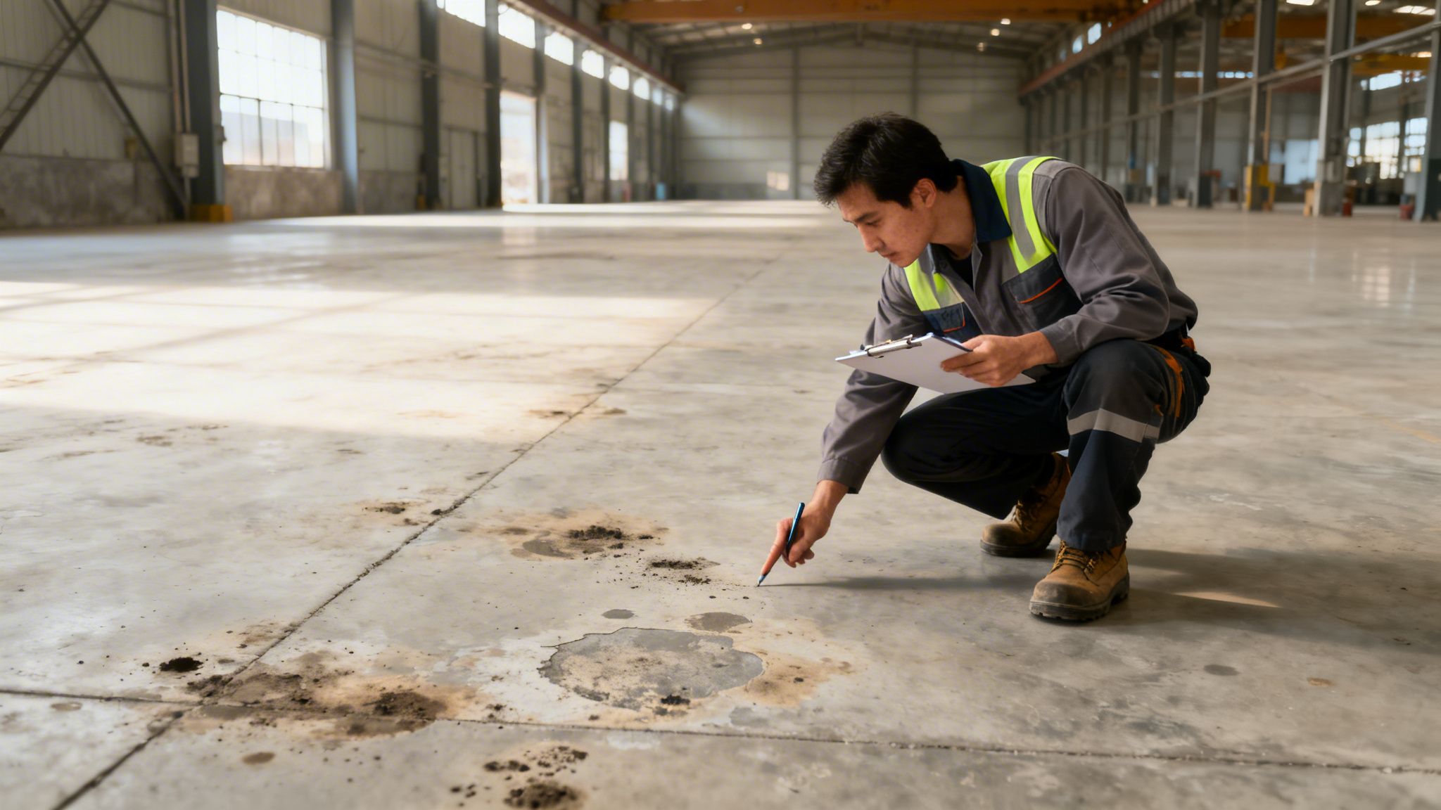 En industriarbejder inspicerer betongulvets tilstand i en stor lagerhal og noterer observationer på en clipboard.