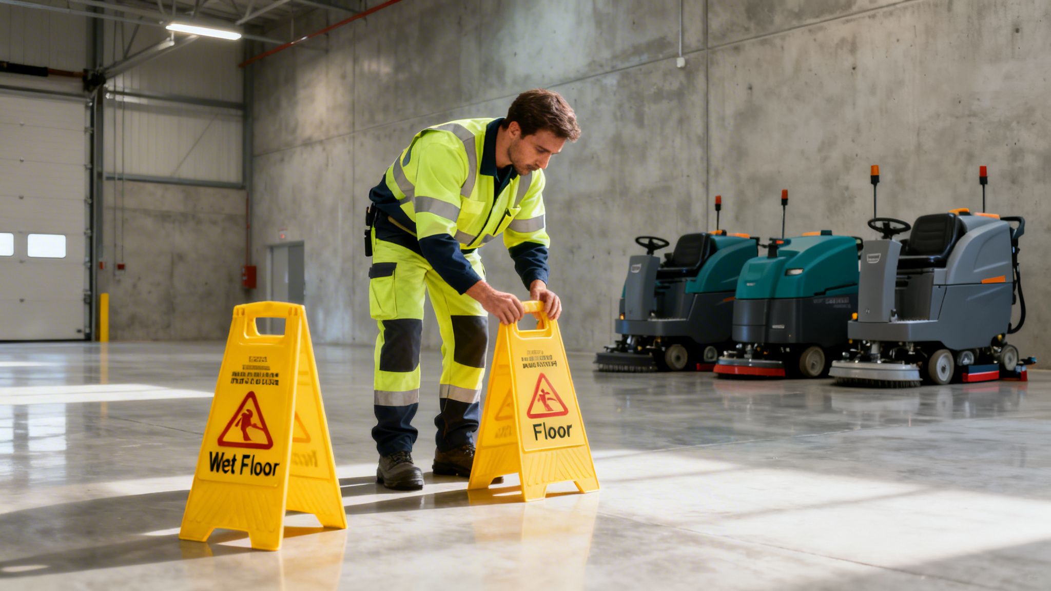 En lagerarbejder i reflekstøj placerer et gult advarselsskilt for vådt gulv på en poleret betonoverflade i et lager.