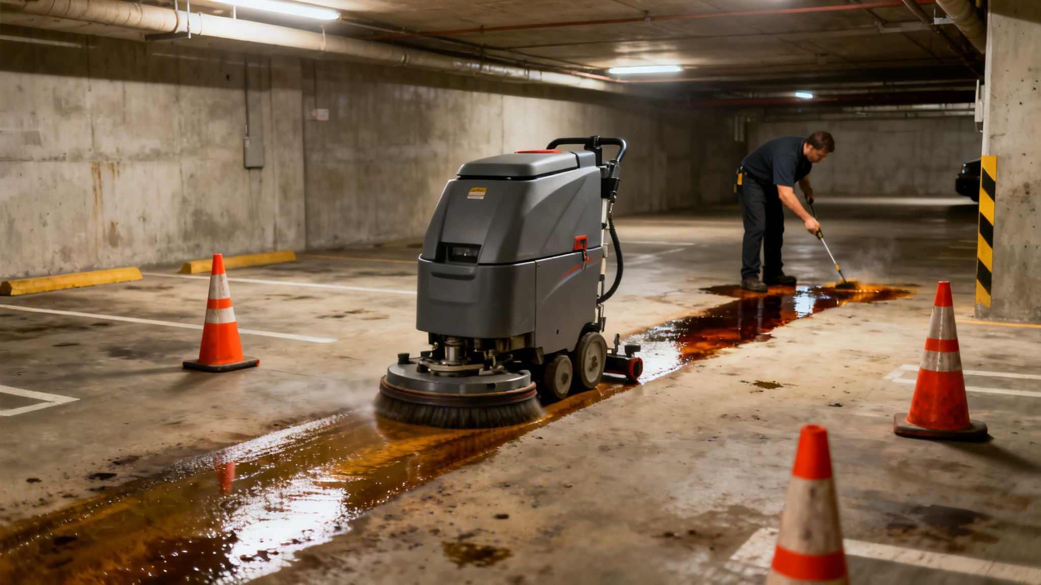 Medarbejder rengør parkeringskælder gulv for spild med gulvmaskine og skrubbebørste, sikkerhedskegler er placeret.