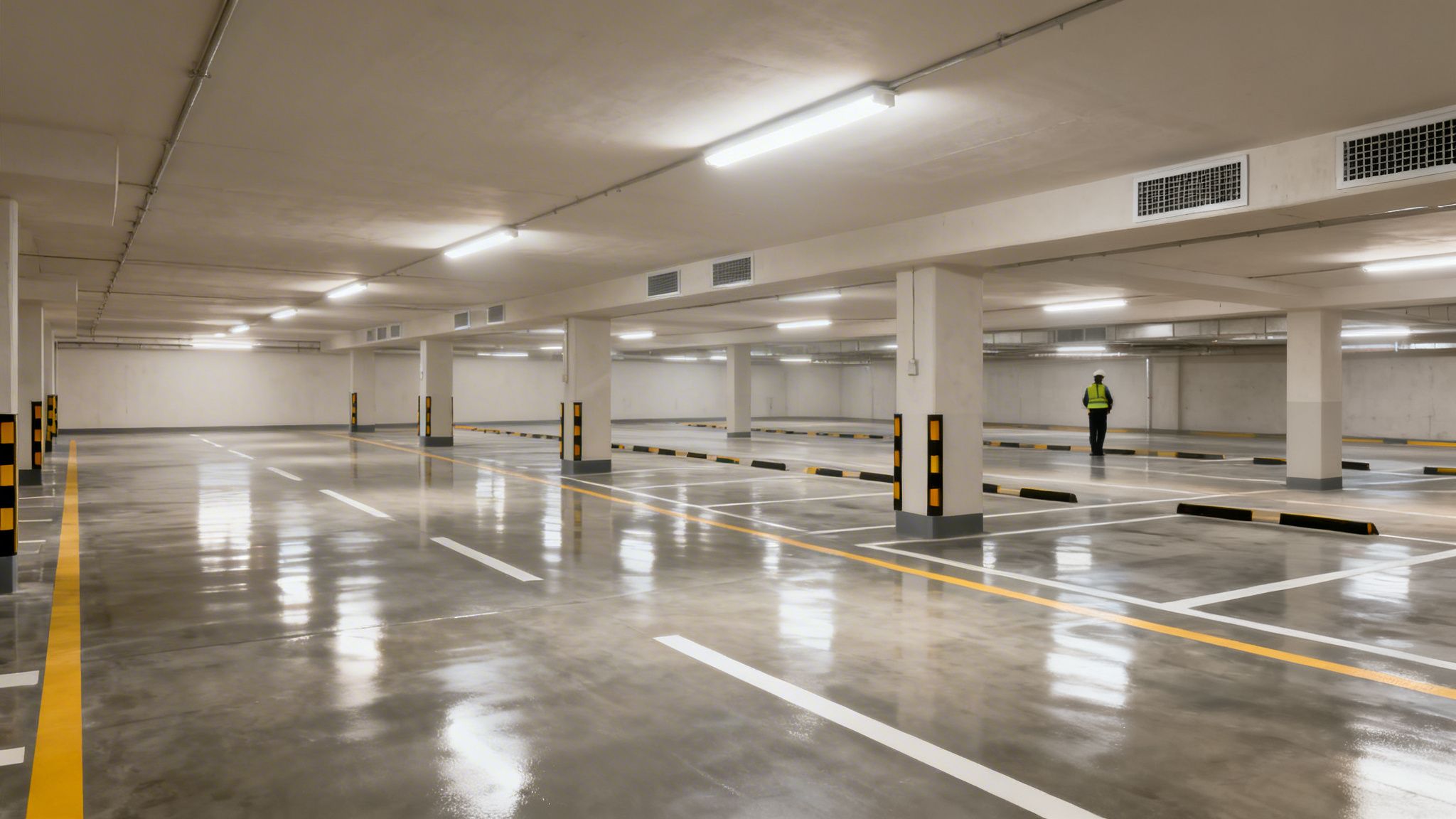 En ren og tom underjordisk parkeringskælder med hvide og gule markeringer og en person i sikkerhedsvest.