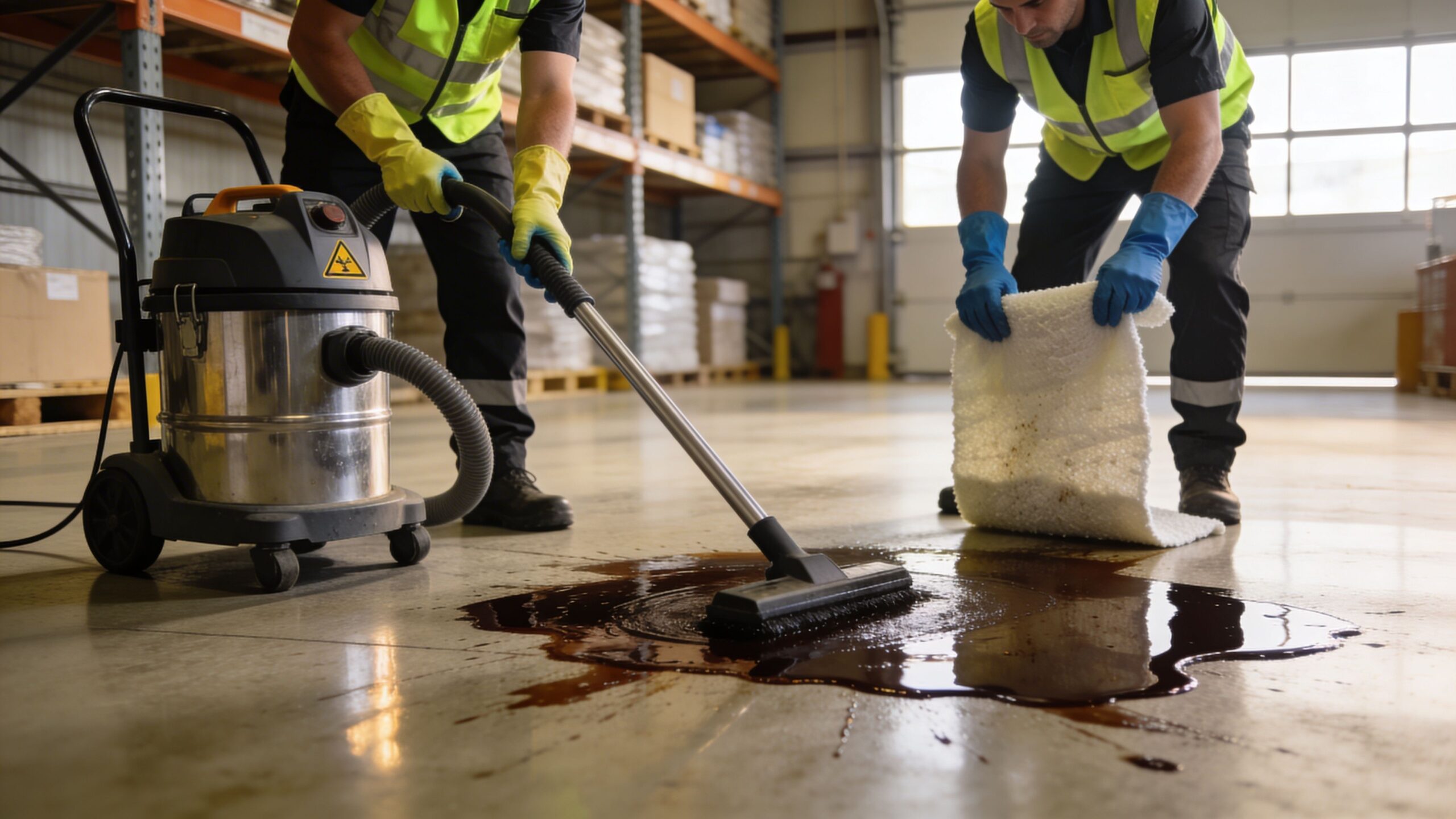 To lagerarbejdere rengør et oliespild på gulvet i en lagerhal med en industristøvsuger og absorberende måtter.