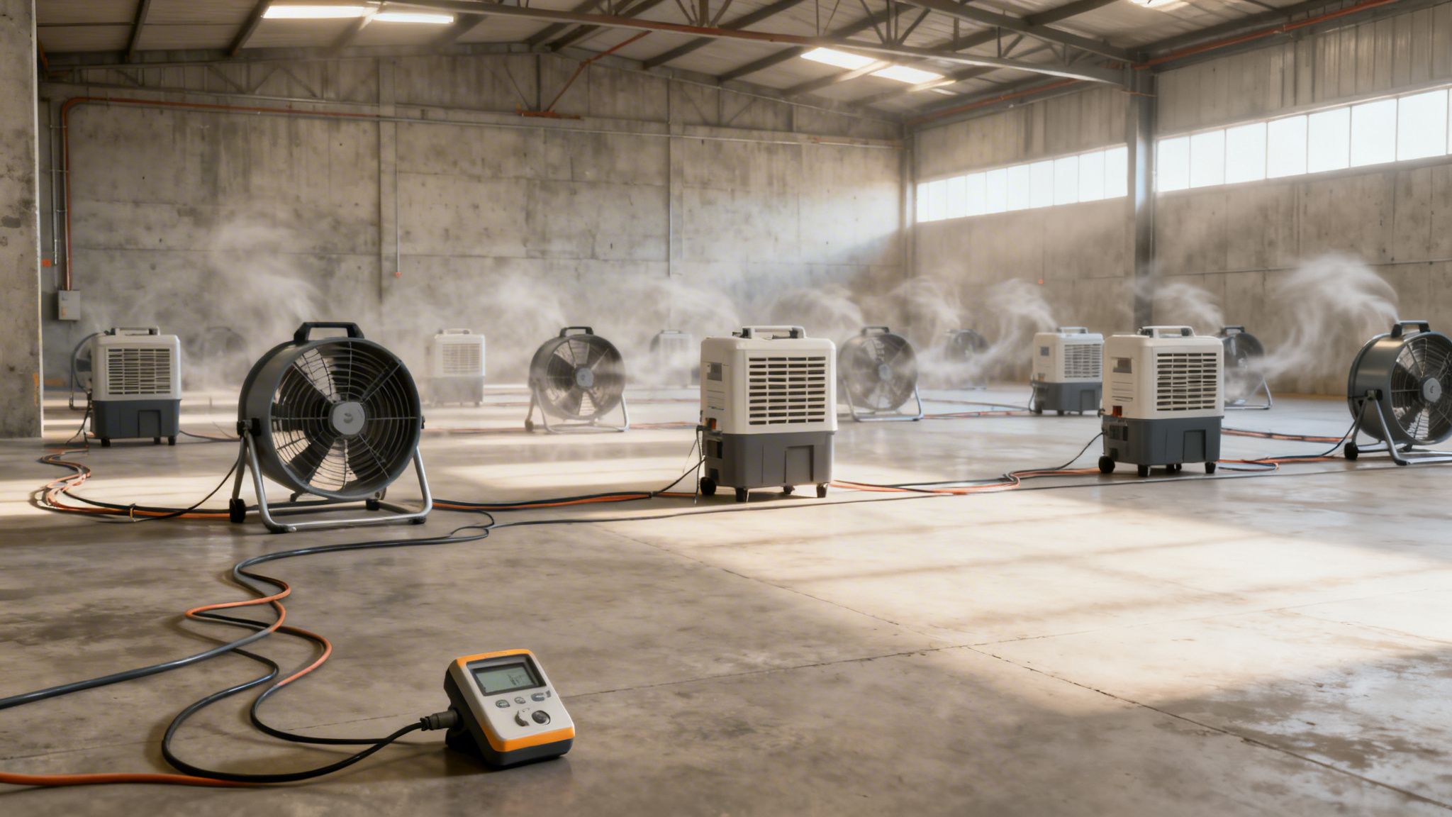 Flere industrielle ventilatorer og affugtere spreder tåge i et stort lagerlokale med betonvægge og et kontrolpanel på gulvet.