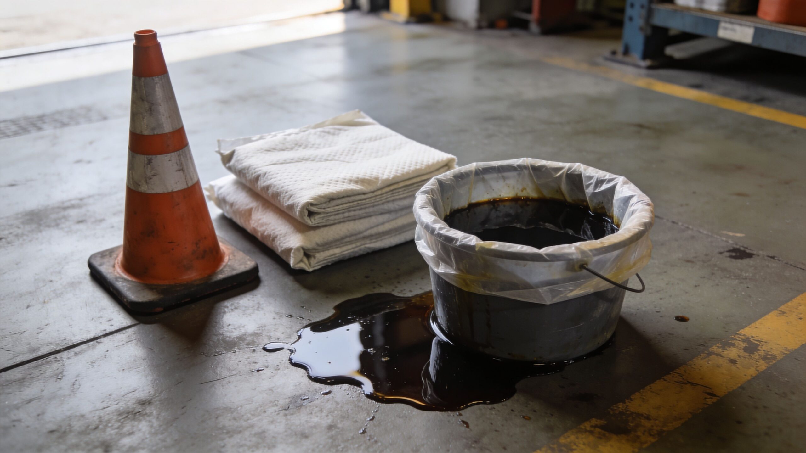 En advarselskegle, absorberende puder og en spand med olieholdigt spild på et industrielt betongulv.