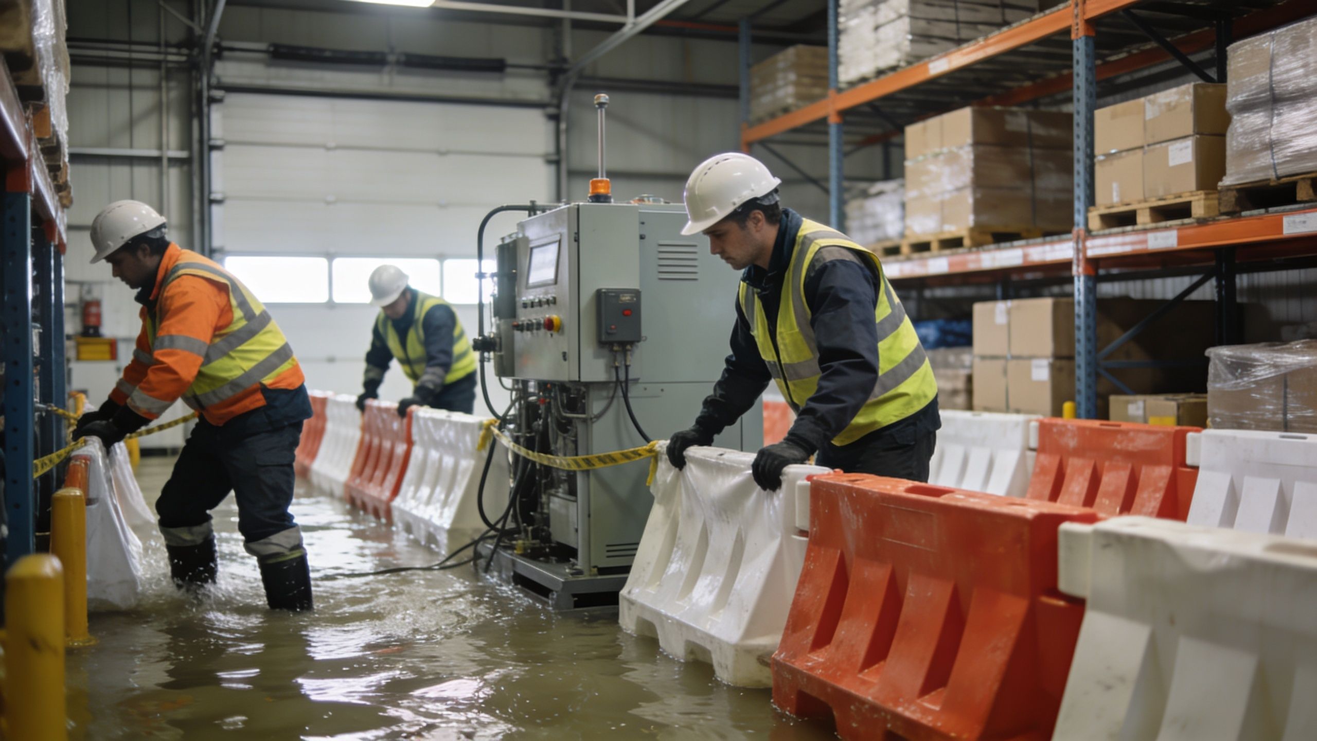 Tre lagerarbejdere i sikkerhedsudstyr opsætter midlertidige oversvømmelsesbarrierer i et lagerområde oversvømmet med vand.