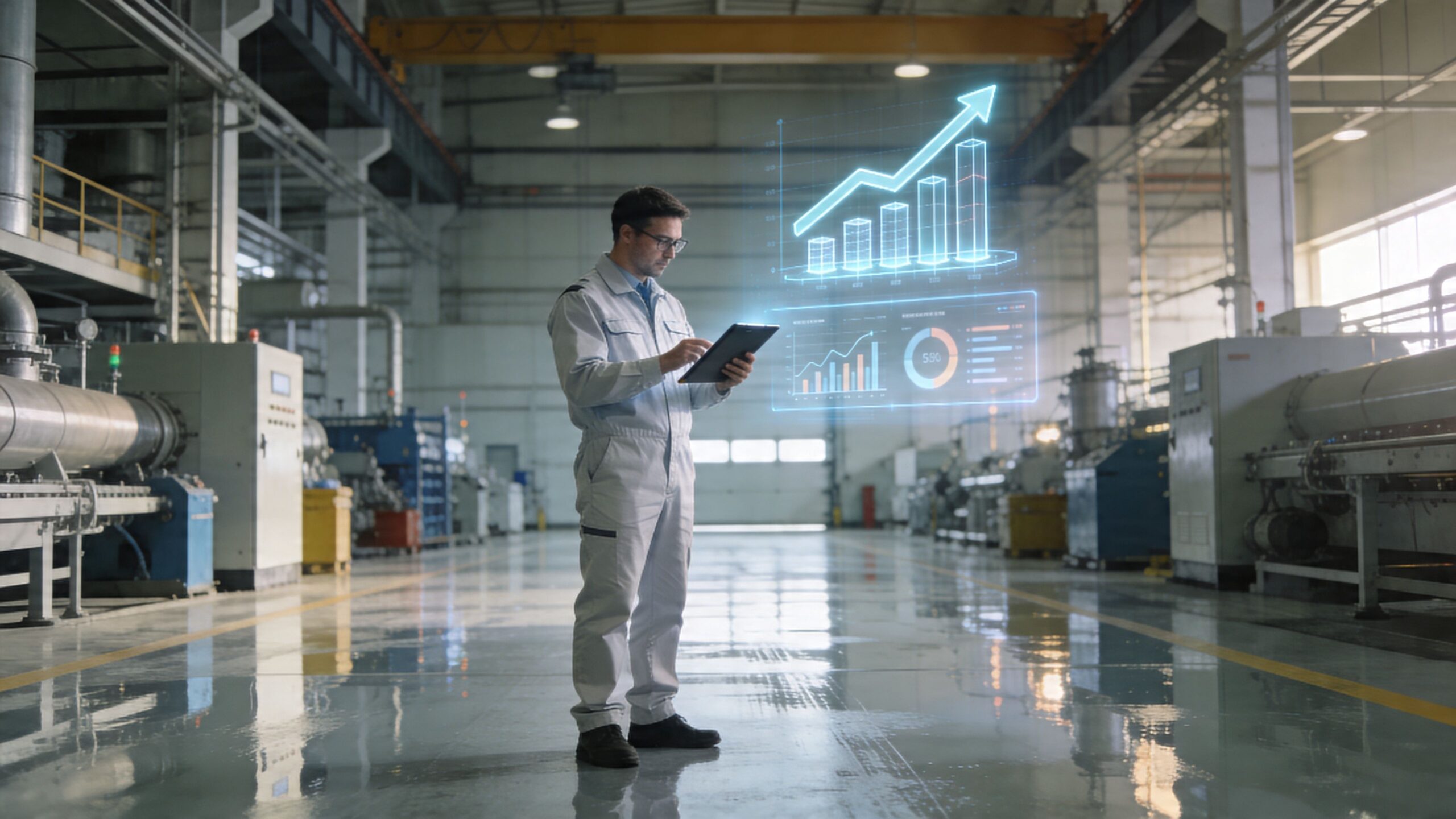 En tekniker i en industriel fabrik bruger en tablet til at analysere data på en digital skærm.