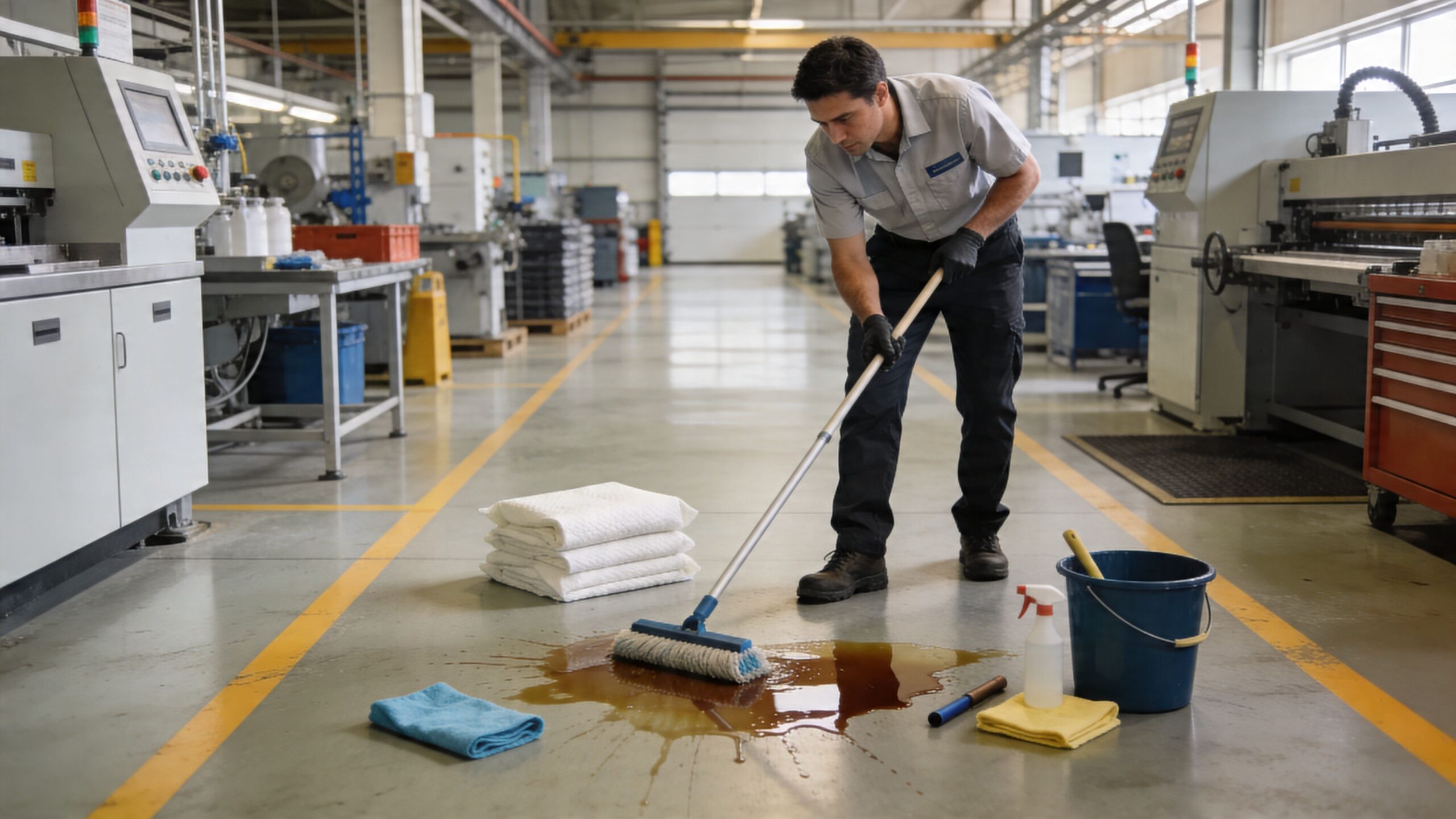 En industriarbejder rengør et olieudslip på fabriksgulvet med en moppe og rengøringsudstyr for at sikre sikkerhed.