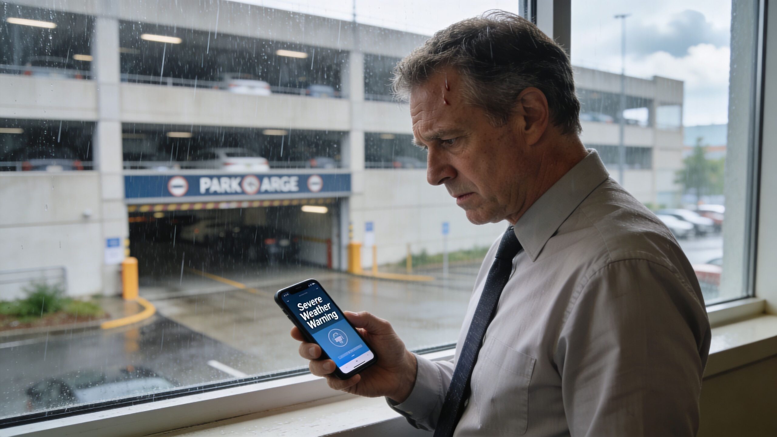 En bekymret mand med et sår i panden ser på en advarsel om ekstremt vejr på sin smartphone.
