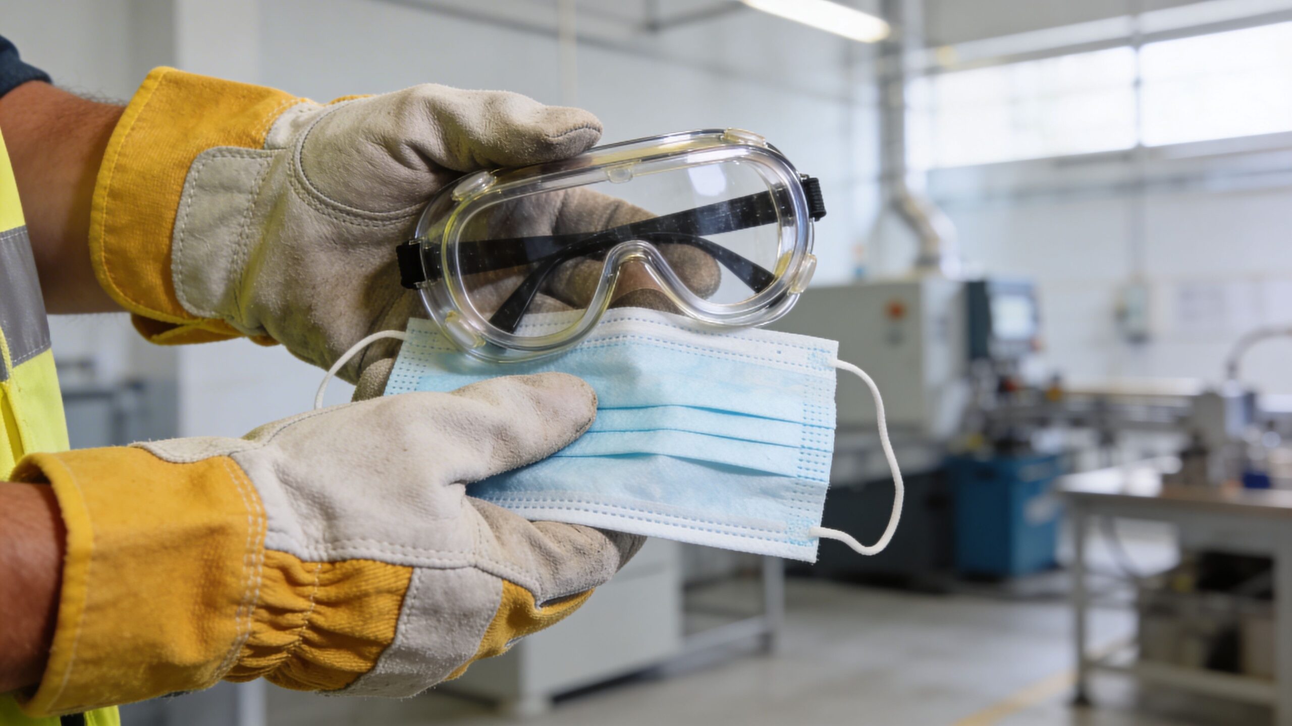 En industriarbejder holder beskyttelsesbriller og et engangsmundbind i sine hænder iført kraftige arbejdshandsker på en fabrik.