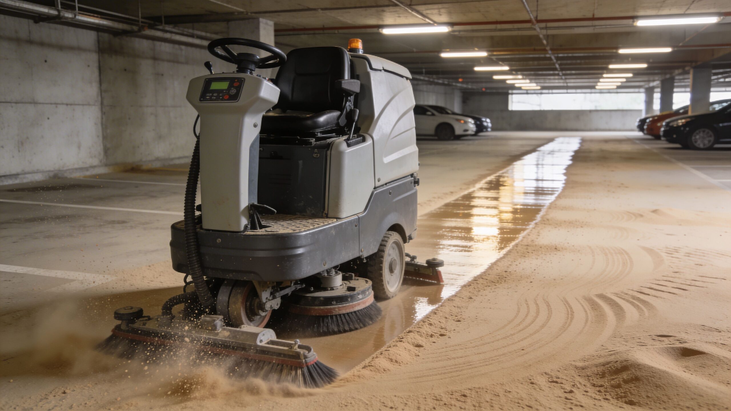 En professionel fejemaskine rengør en parkeringskælder for sand og grus med en effektiv maskinel fejeproces.