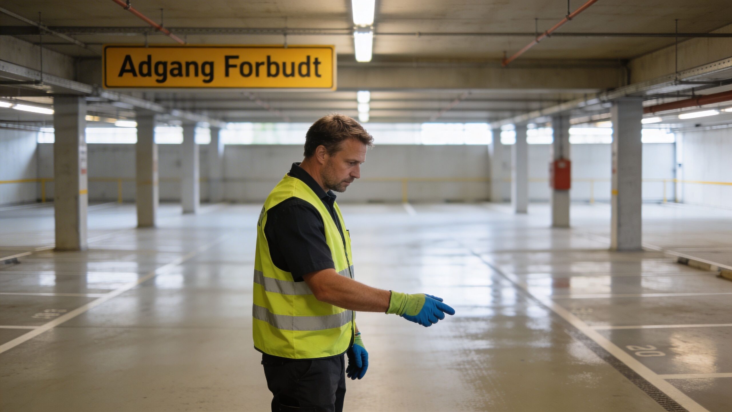 En sikkerhedsvagt i gul refleksvest inspicerer et tomt parkeringsanlæg med et skilt med teksten Adgang Forbudt