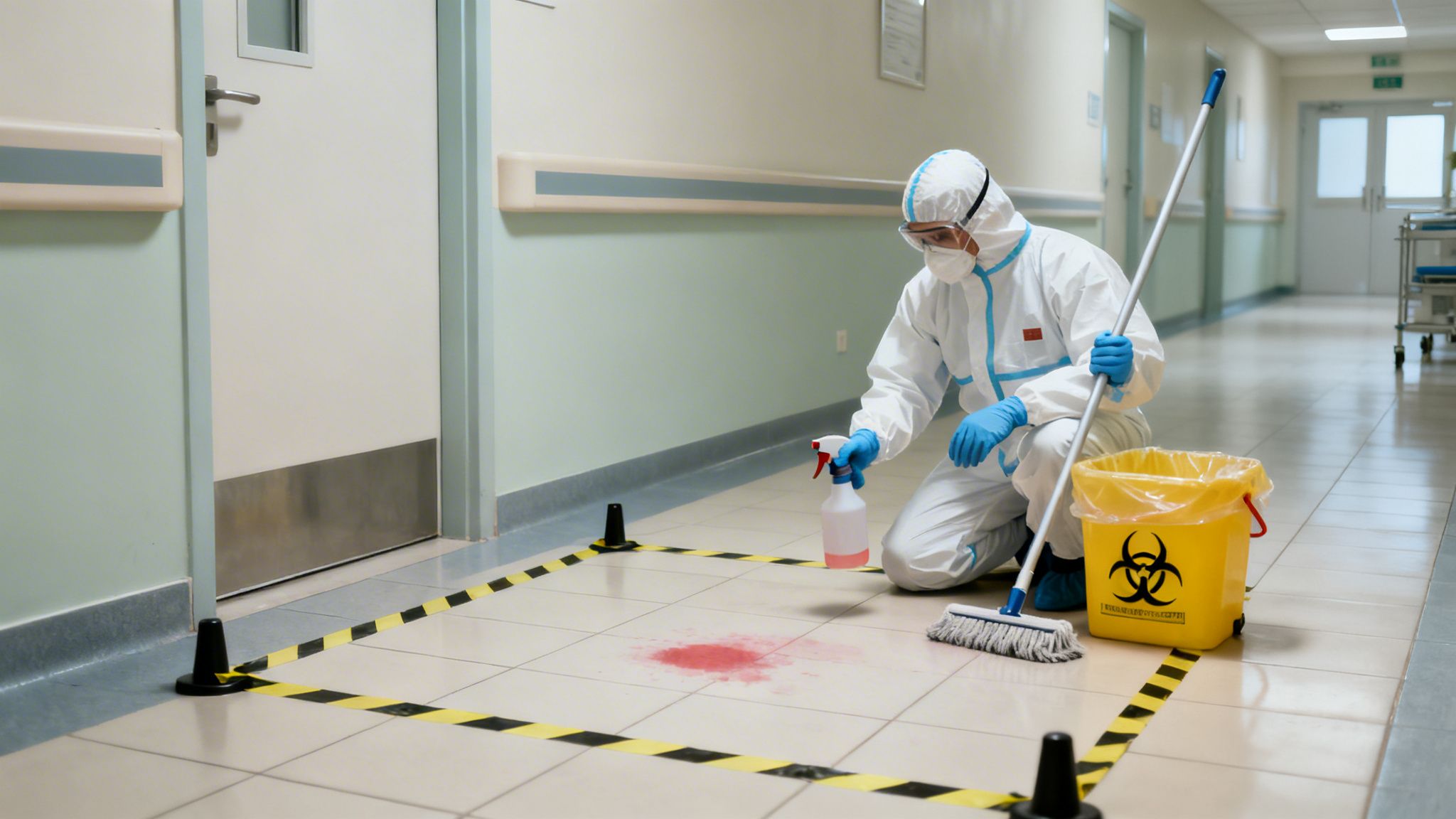 En person i beskyttelsesdragt rengør en rød plet på et hospitalsgulv med desinfektionsmiddel og moppe.